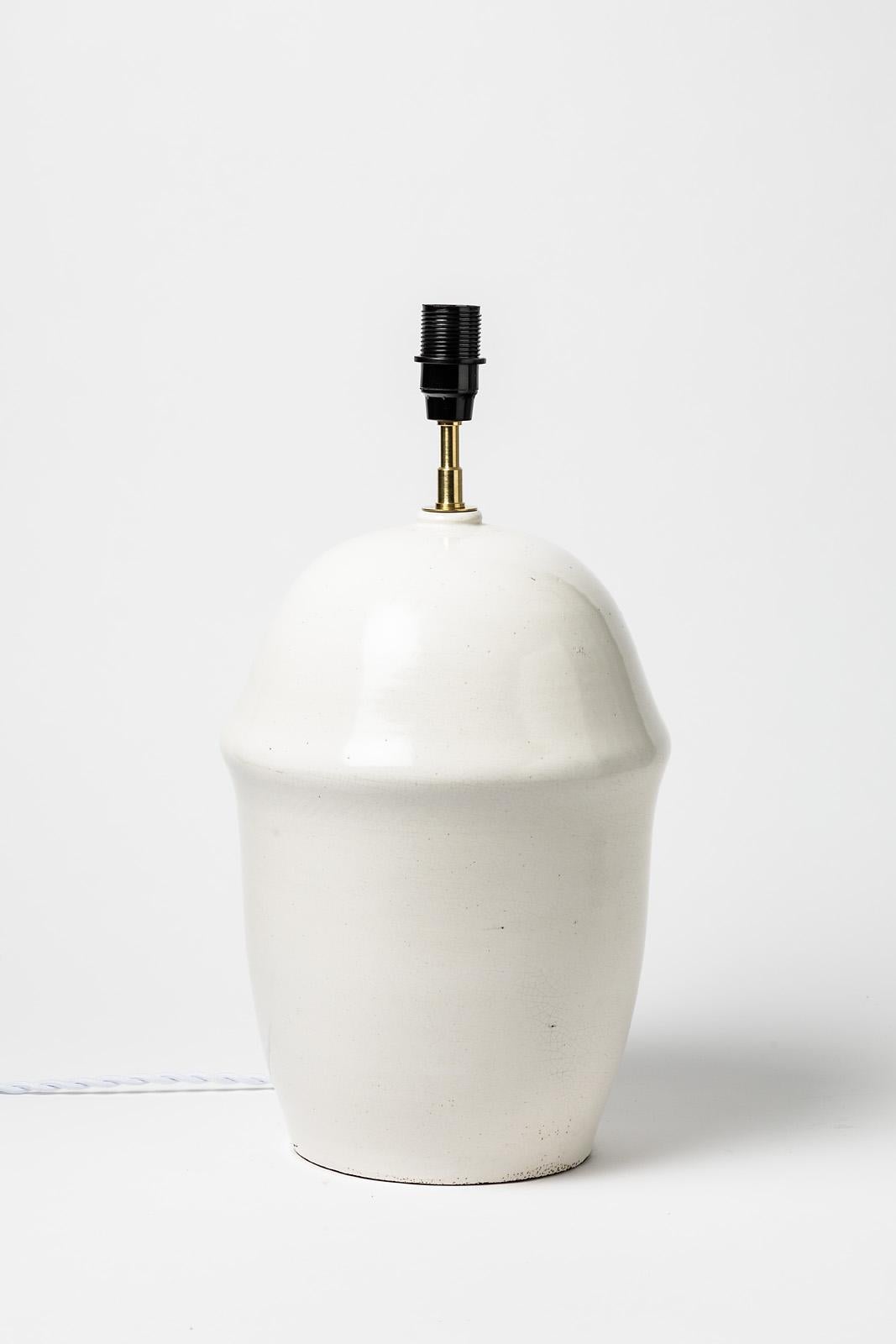 French Art Deco Ceramic Table Lamp White Pottery Color in Style of Jean Besnard, 1930 For Sale