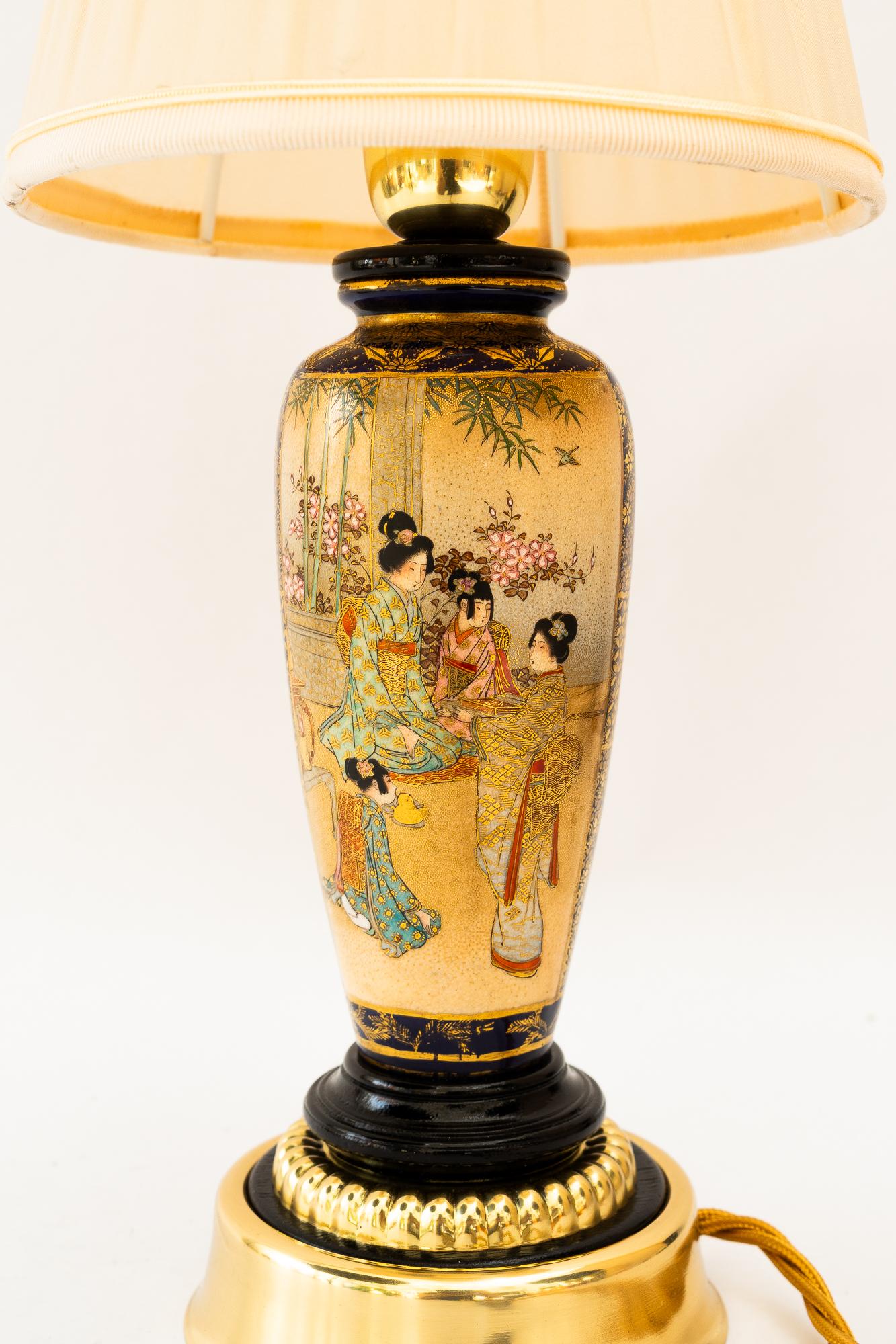 Painted Art Deco ceramic table lamp with fabric shade vienna around 1920s For Sale