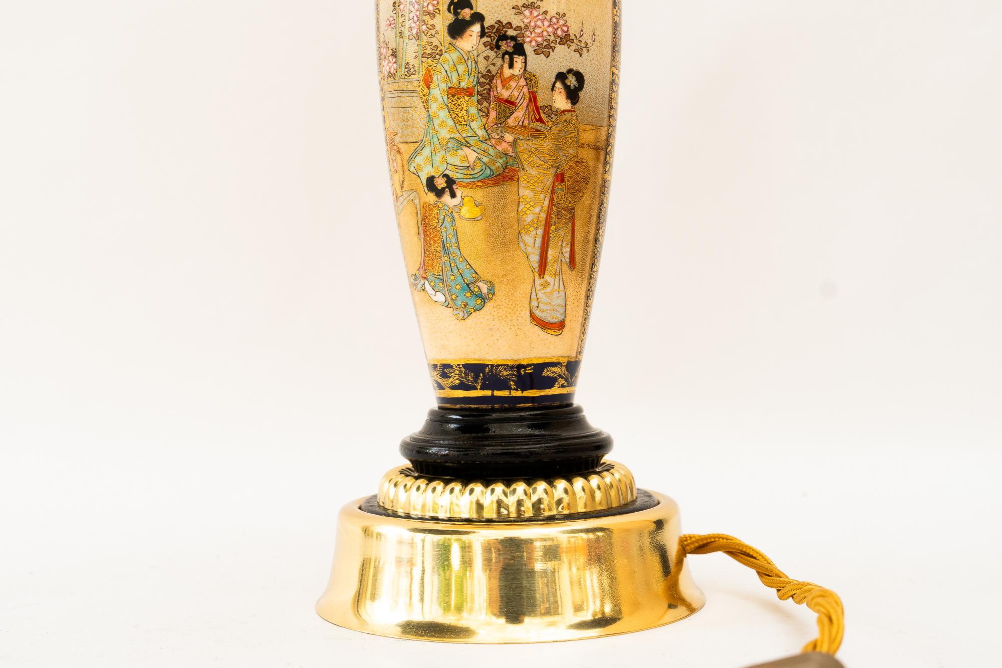 Art Deco ceramic table lamp with fabric shade vienna around 1920s In Good Condition For Sale In Wien, AT