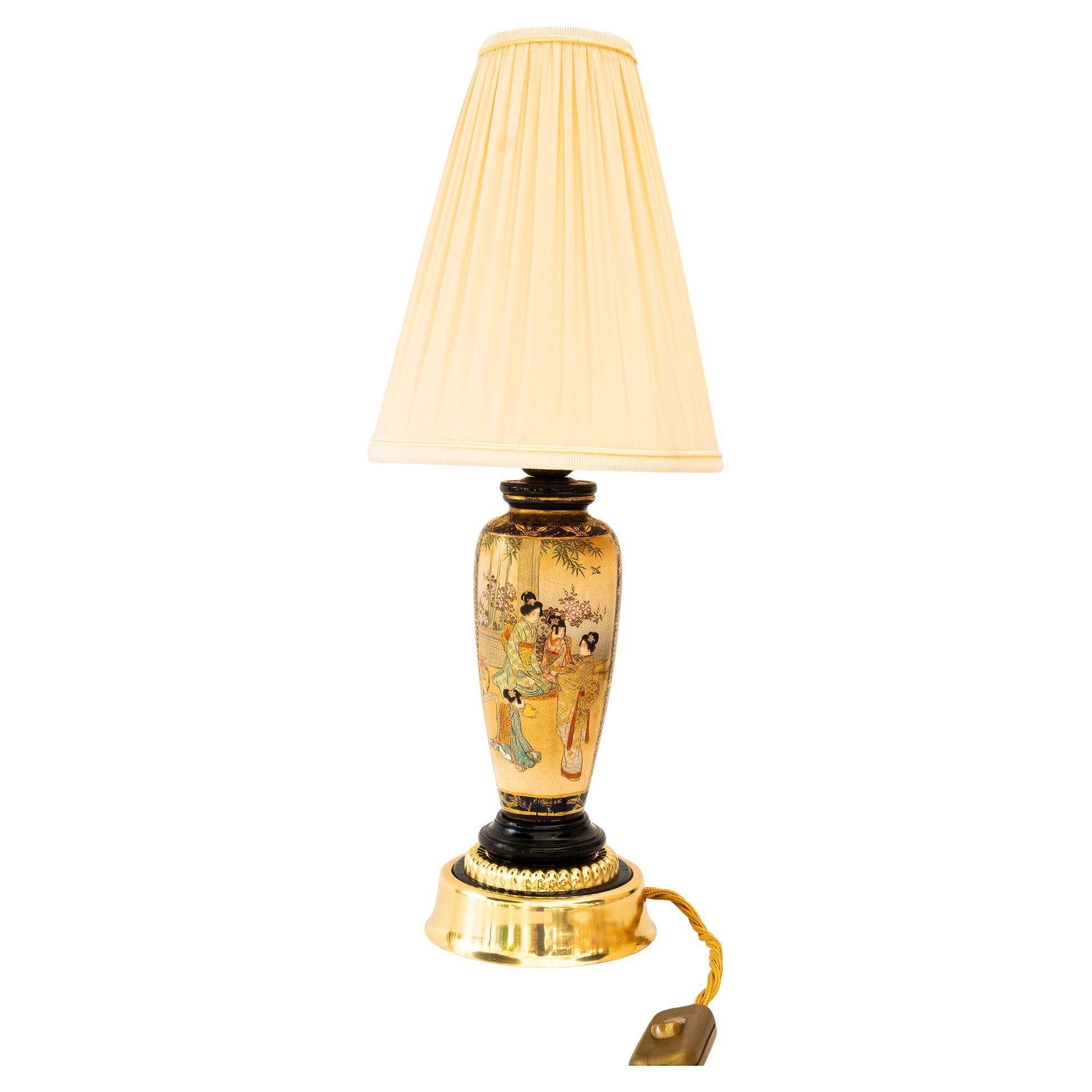 Art Deco ceramic table lamp with fabric shade vienna around 1920s For Sale