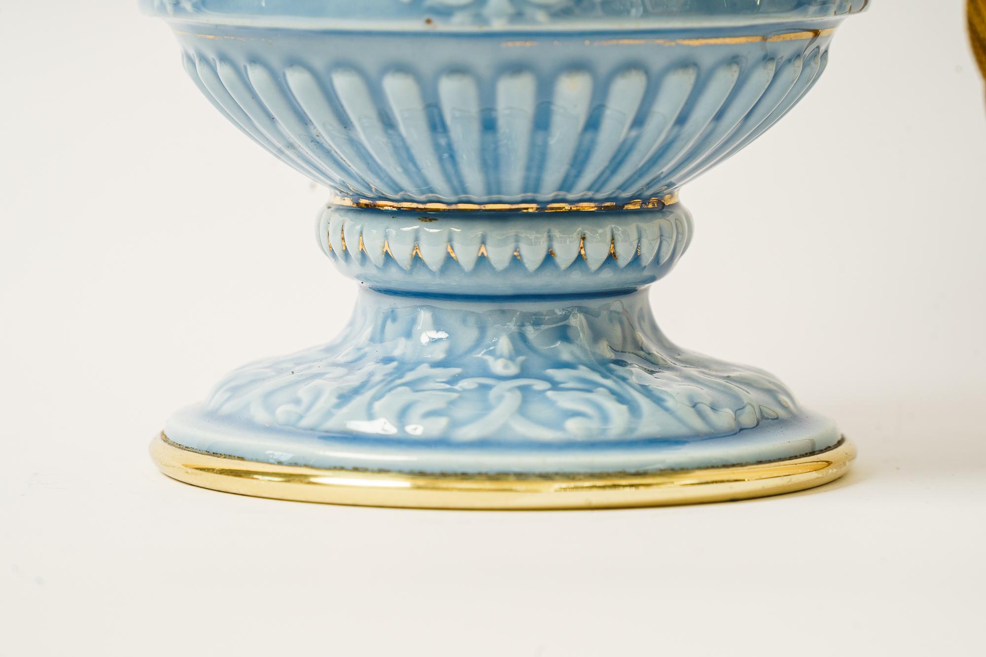 Milieu du XXe siècle Lampe de table Art Déco en céramique avec abat-jour en tissu viennois, années 1930 en vente