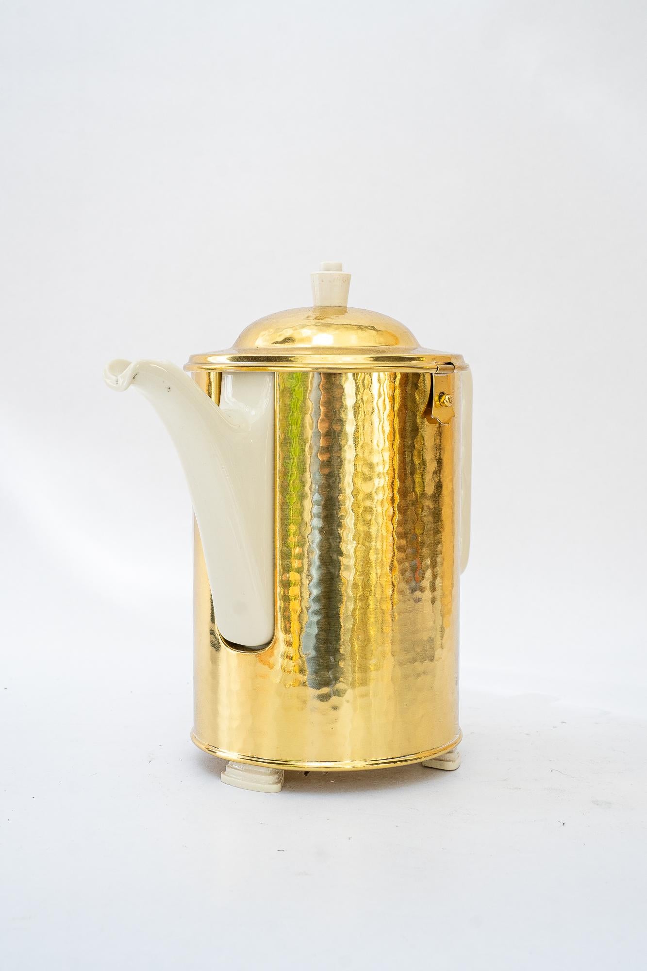 Austrian Art Deco ceramic thermos with brass cover coffee can germany around 1920s For Sale