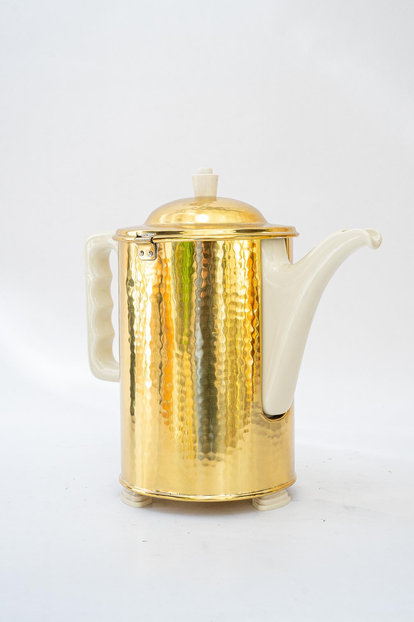 Early 20th Century Art Deco ceramic thermos with brass cover coffee can germany around 1920s For Sale