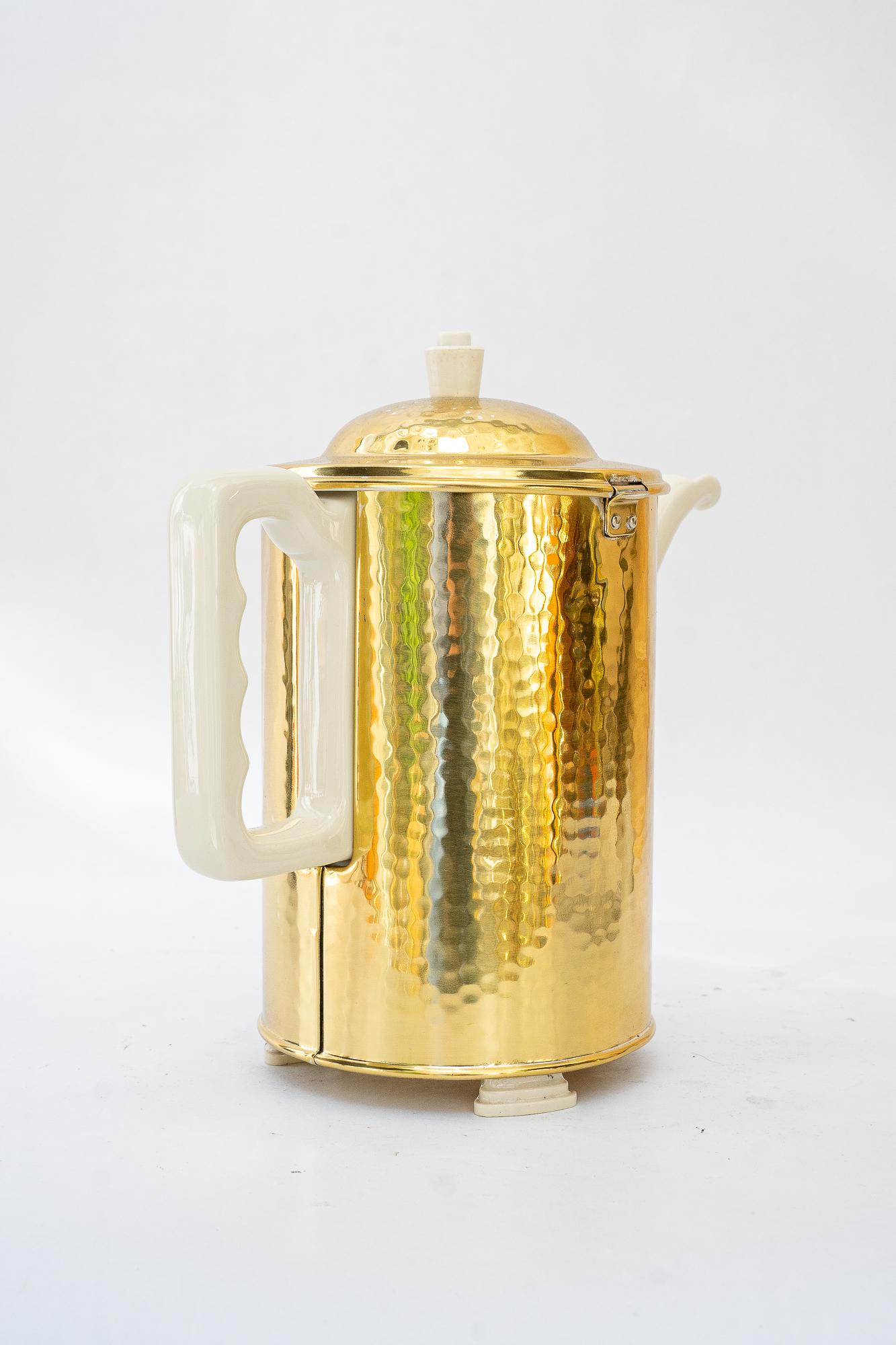 Brass Art Deco ceramic thermos with brass cover coffee can germany around 1920s For Sale