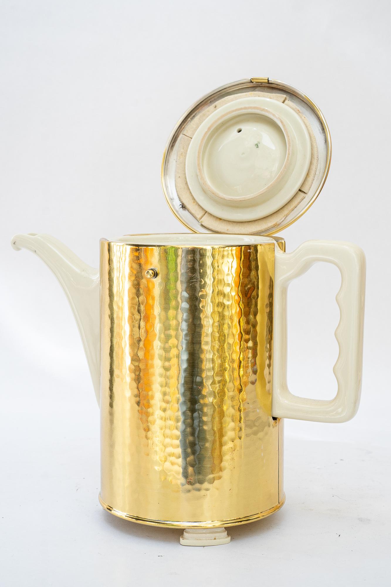 Art Deco ceramic thermos with brass cover coffee can germany around 1920s For Sale 2