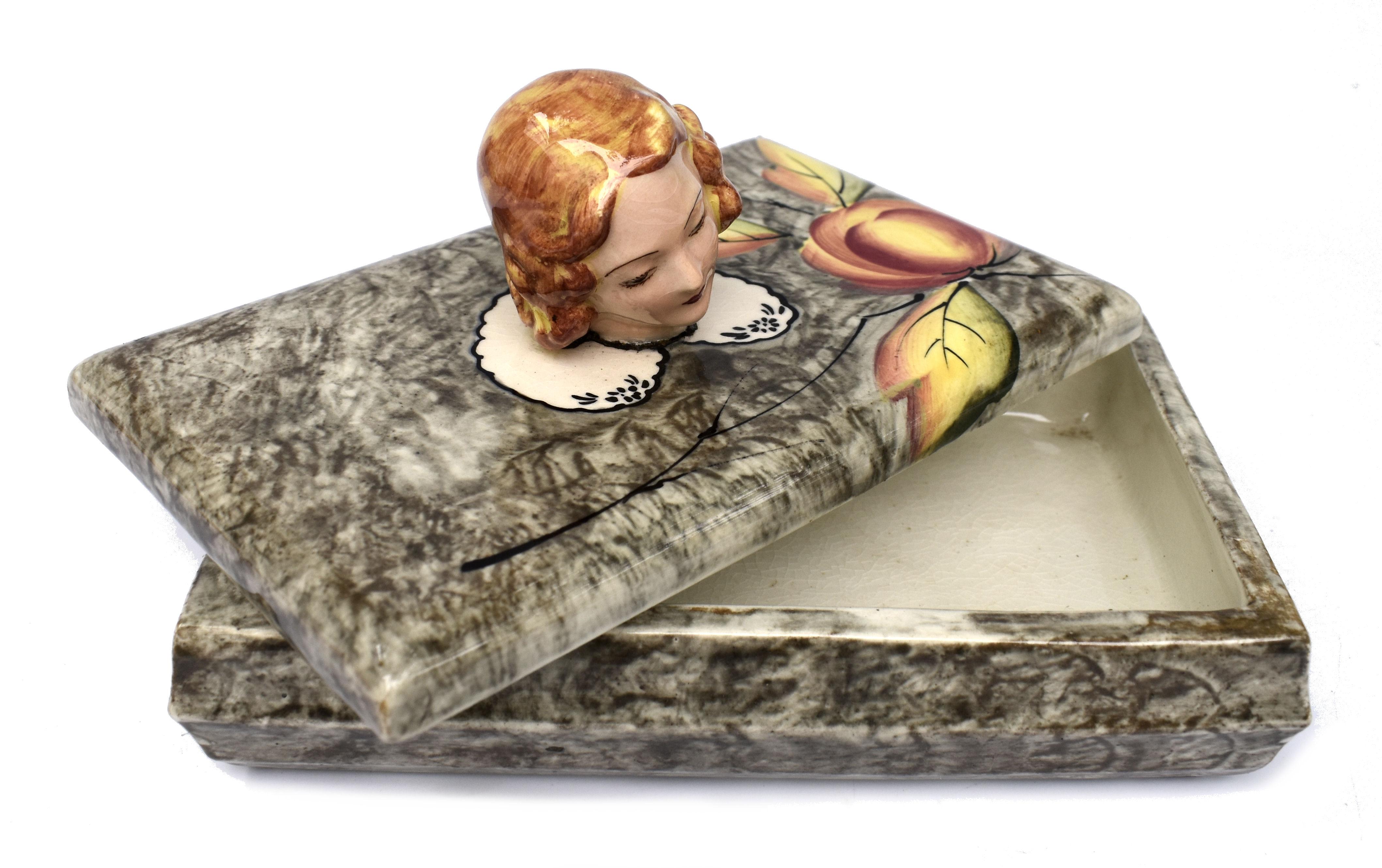 For your consideration is this truly fabulous Art deco ceramic trinket box which was made by Goldscheider in collaboration with Myott and Sons c1930. Anyone who collects Art Deco vanity items, powder boxes, trinket or half dolls will appreciate this