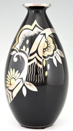 Art Deco Ceramic Vase Black Silver and Gold Boch Frères, Belgium, 1931
