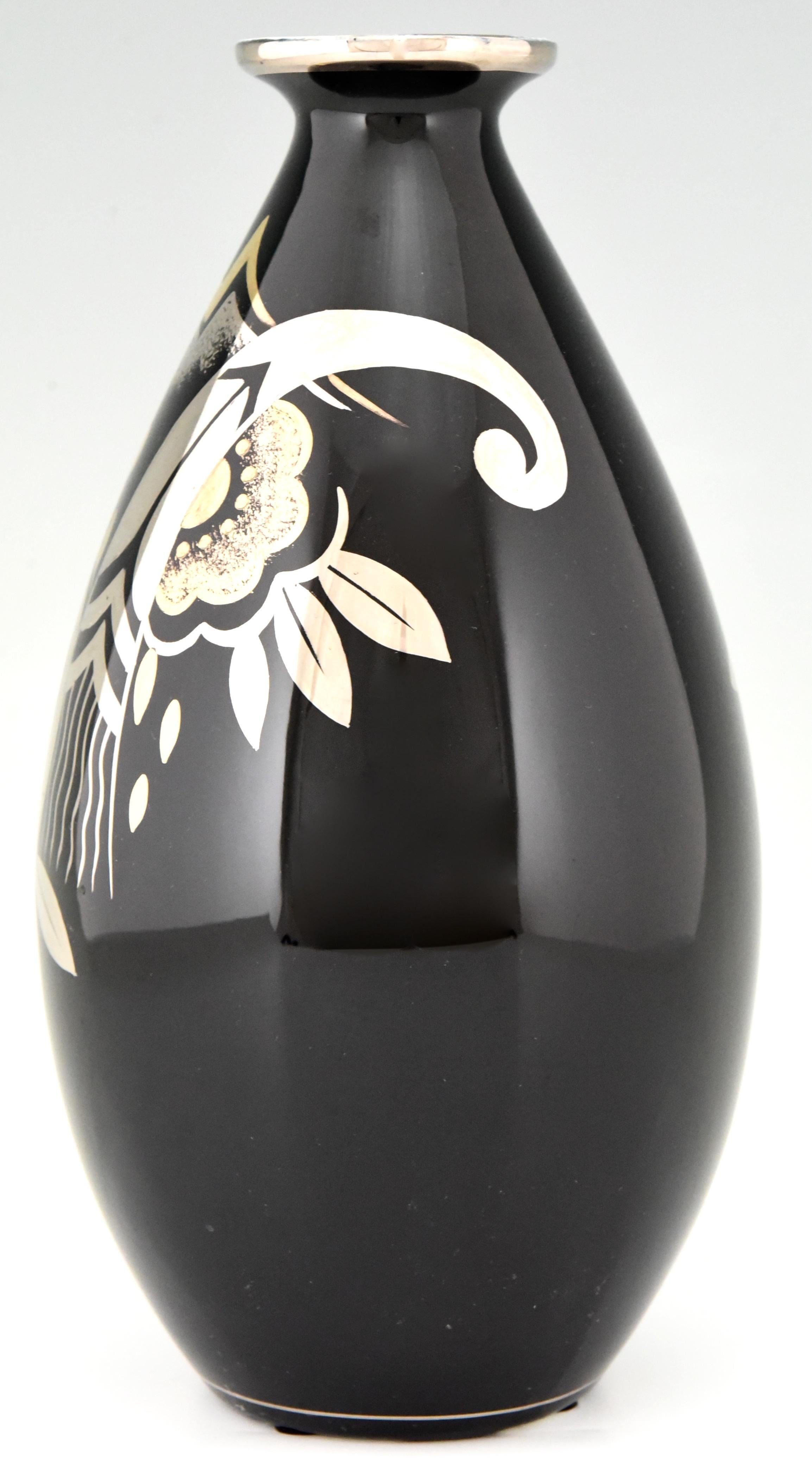 Belgian Art Deco Ceramic Vase Black Silver and Gold Boch Frères, Belgium, 1931