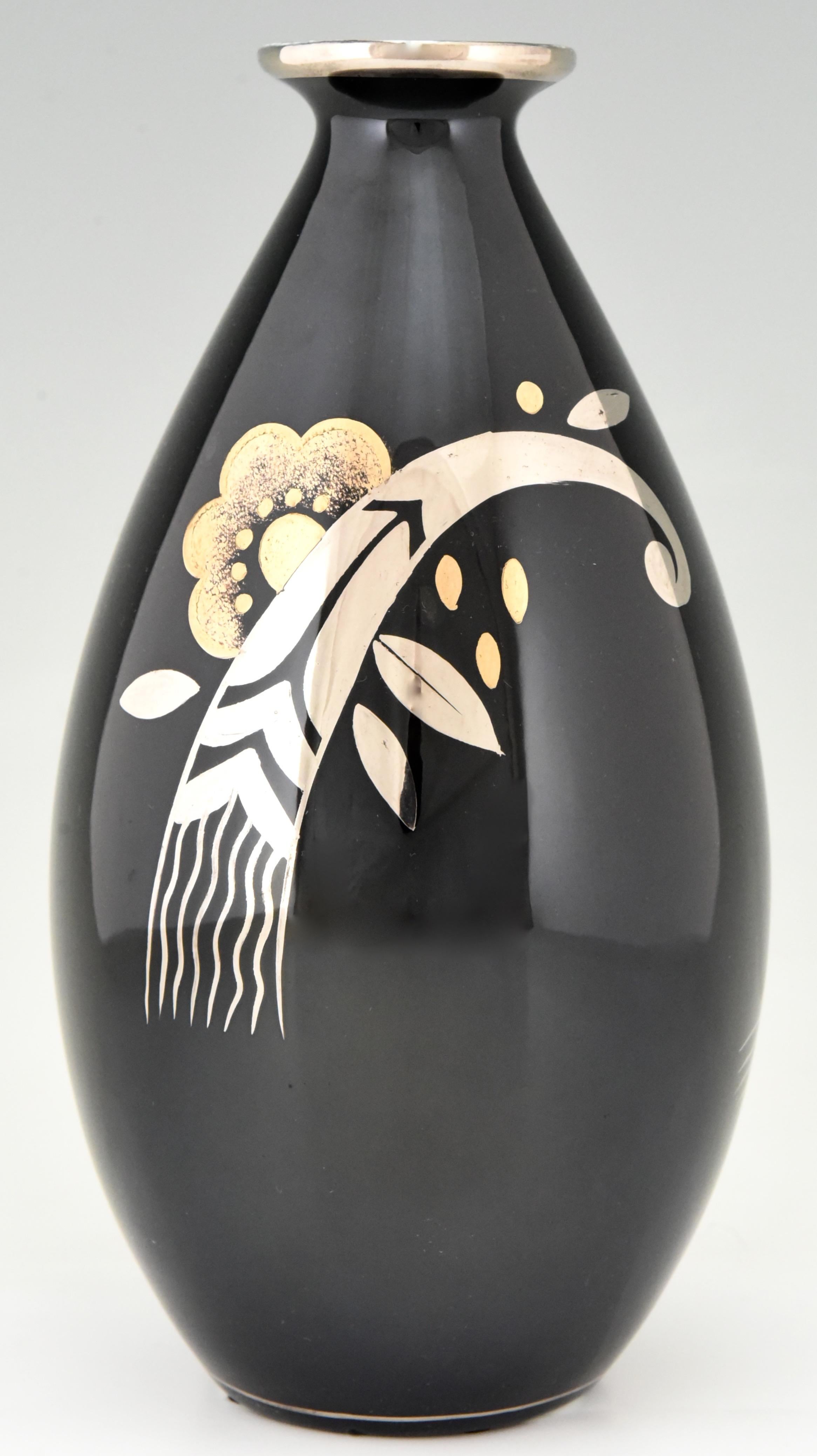 Glazed Art Deco Ceramic Vase Black Silver and Gold Boch Frères, Belgium, 1931