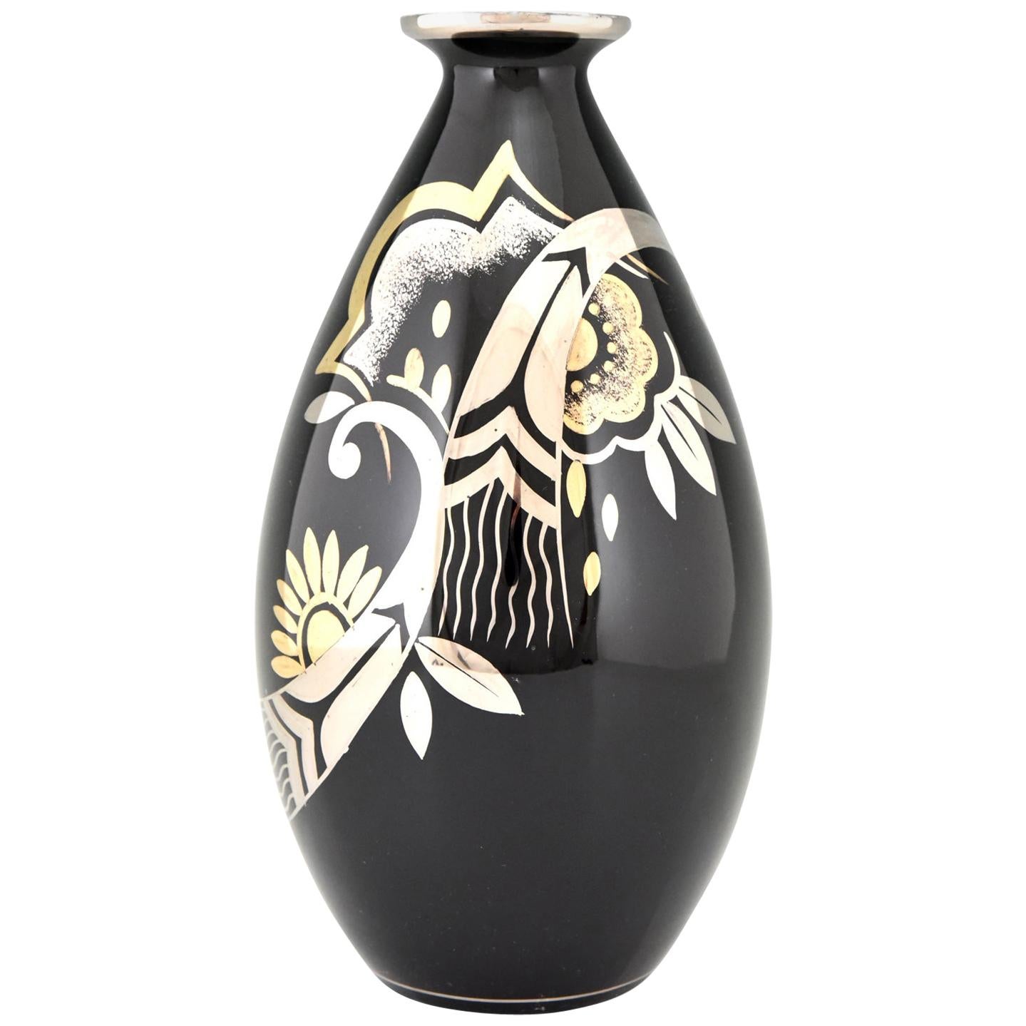 Art Deco Ceramic Vase Black Silver and Gold Boch Frères, Belgium, 1931