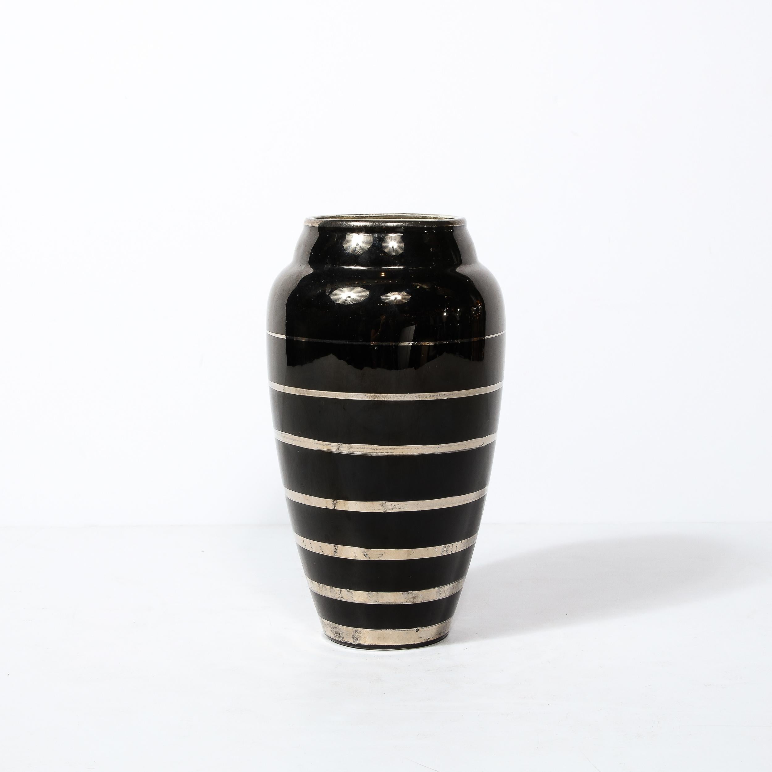 Belgian Art Deco Ceramic  Vase in Black W/ Graduated Silver Overlay Banded Detailing