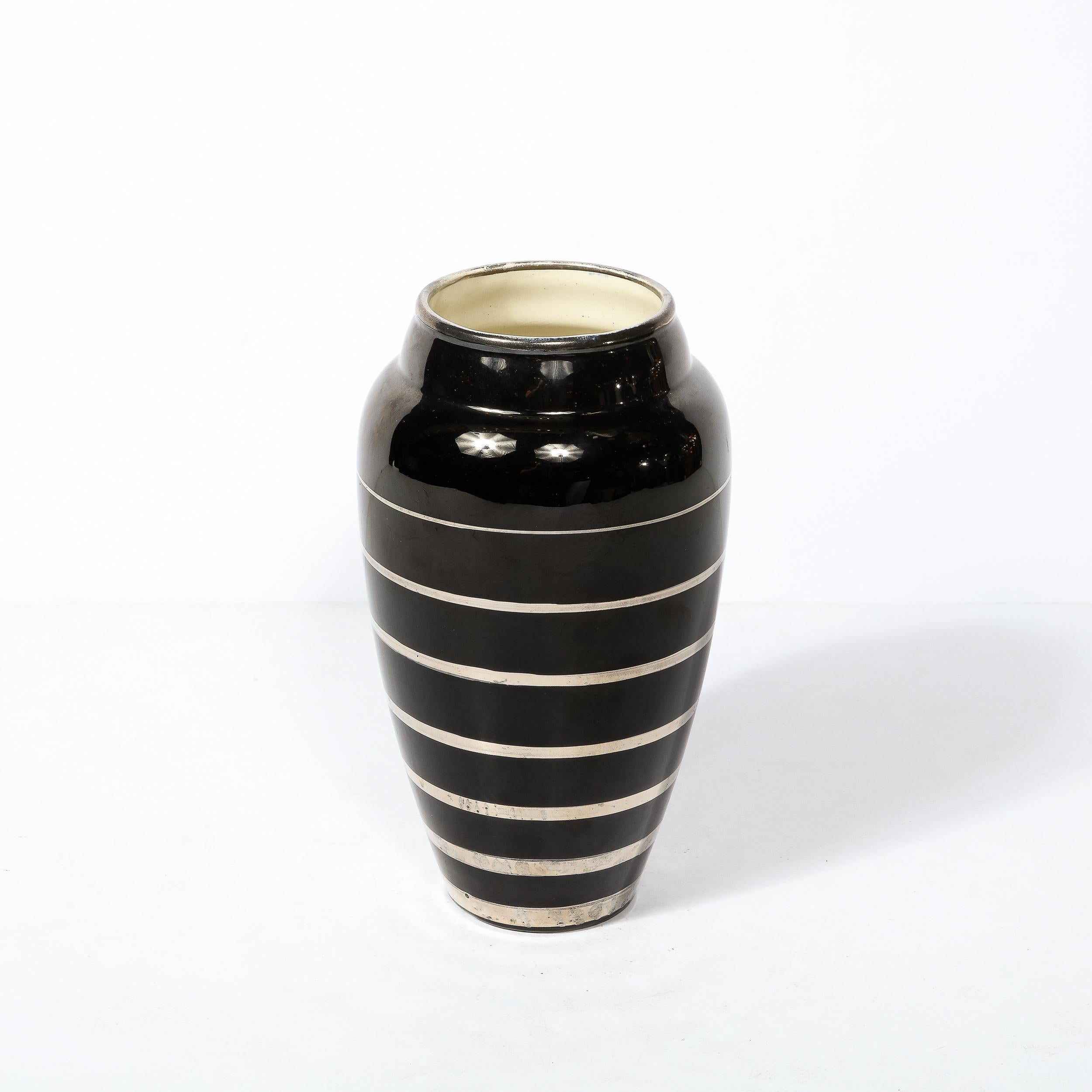 Glazed Art Deco Ceramic  Vase in Black W/ Graduated Silver Overlay Banded Detailing