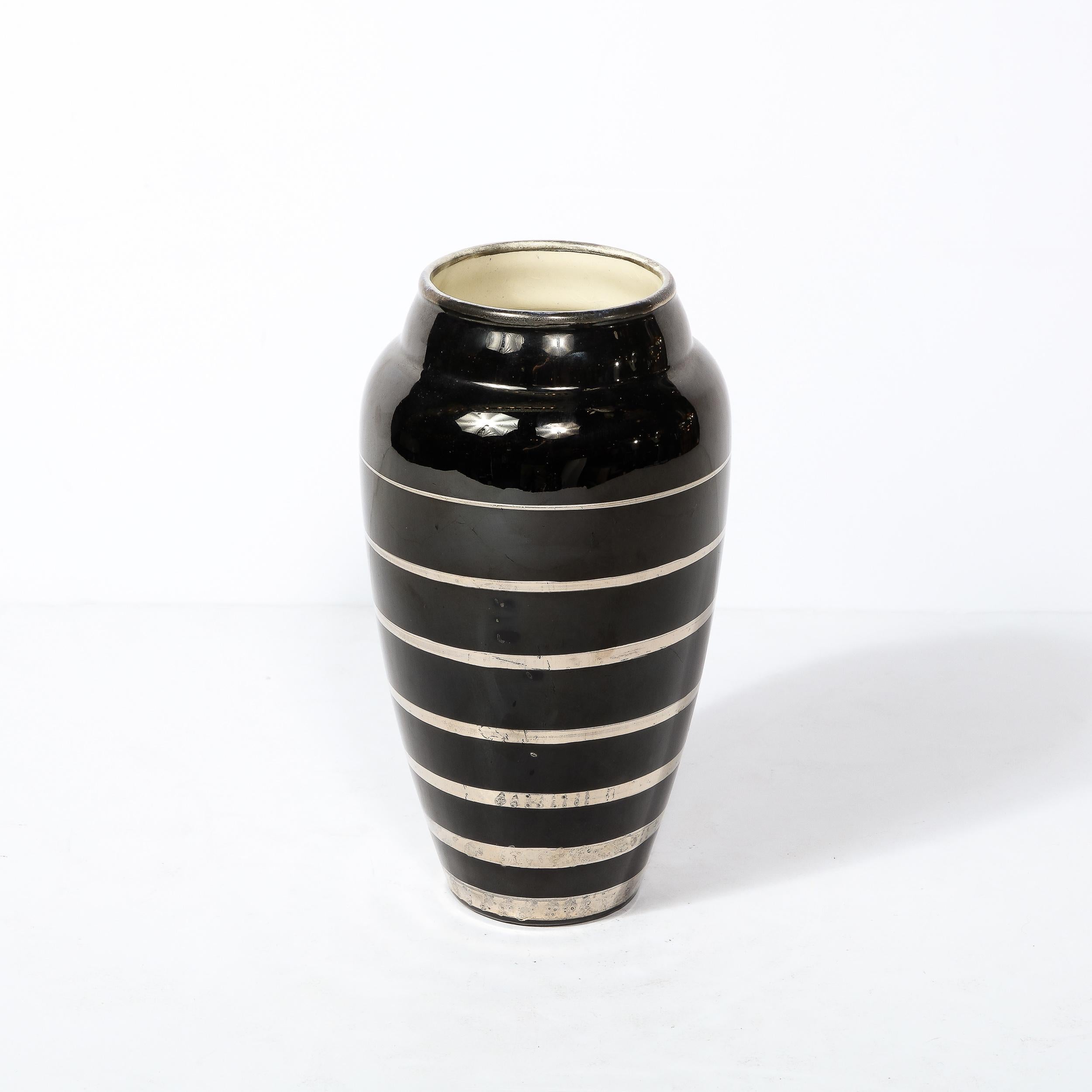 Art Deco Ceramic  Vase in Black W/ Graduated Silver Overlay Banded Detailing In Excellent Condition In New York, NY
