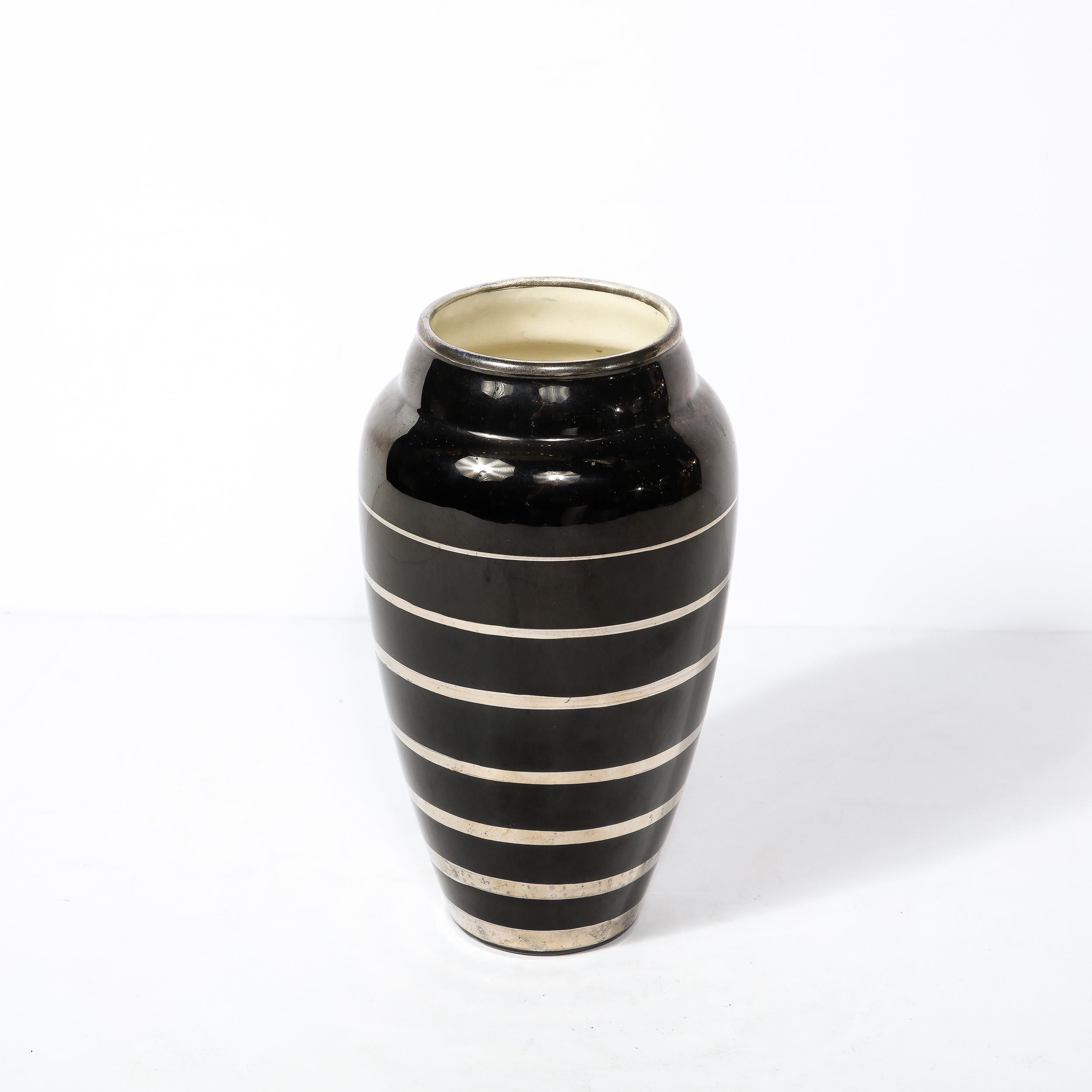 Mid-20th Century Art Deco Ceramic  Vase in Black W/ Graduated Silver Overlay Banded Detailing