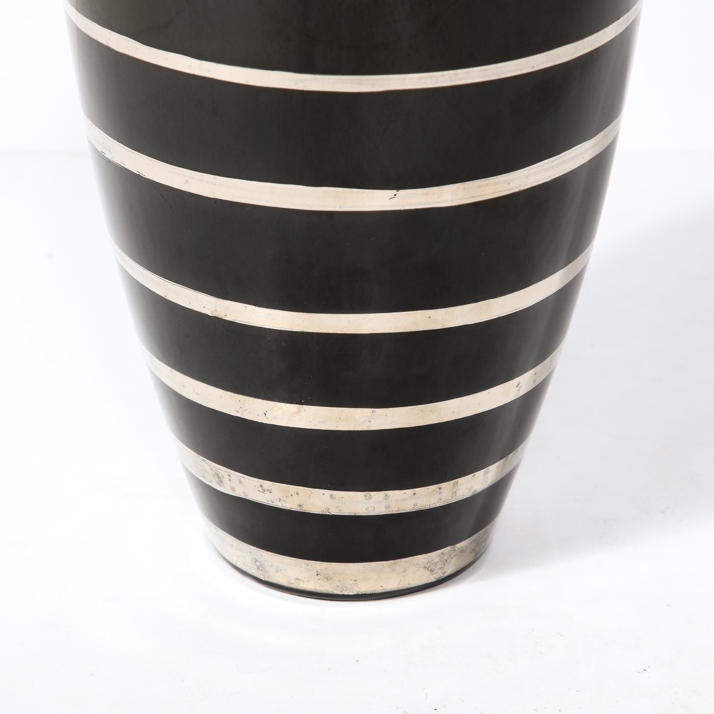 Art Deco Ceramic  Vase in Black W/ Graduated Silver Overlay Banded Detailing 1