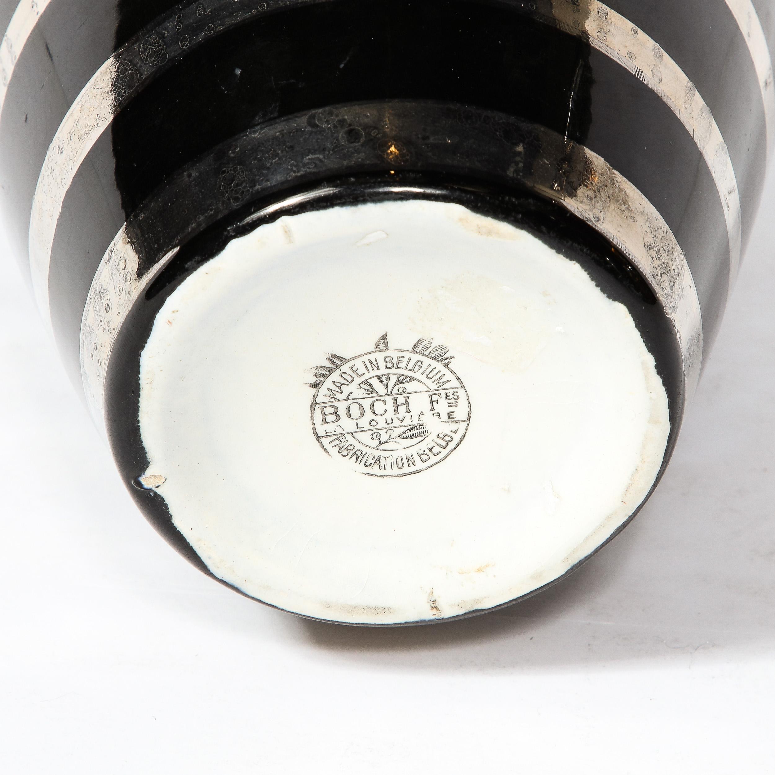 Art Deco Ceramic  Vase in Black W/ Graduated Silver Overlay Banded Detailing 2