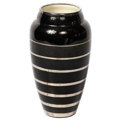 Art Deco Ceramic  Vase in Black W/ Graduated Silver Overlay Banded Detailing
