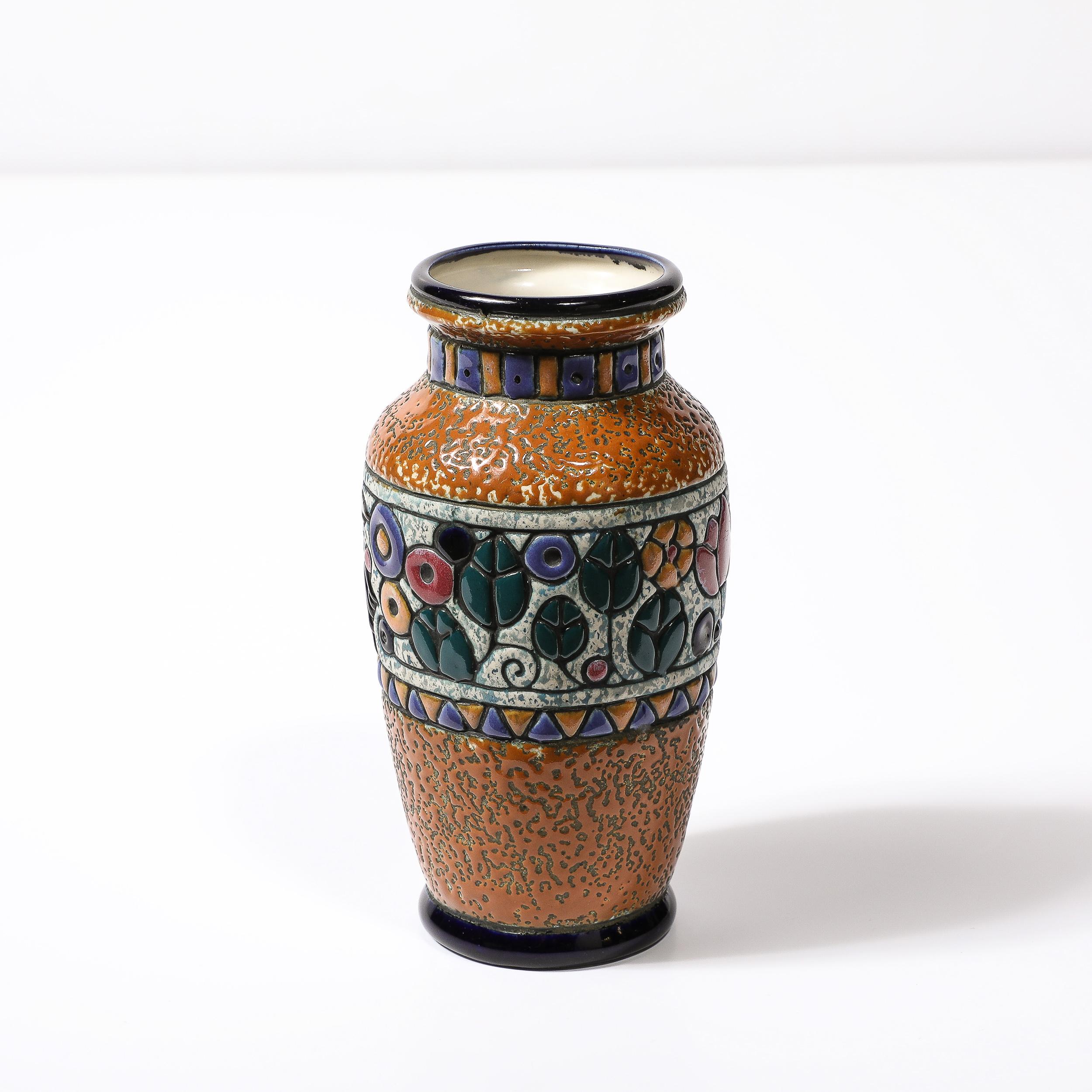 Czech Art Deco Ceramic Vase w/ Hummingbird in Multicolor Linear Glazing signed Amphora