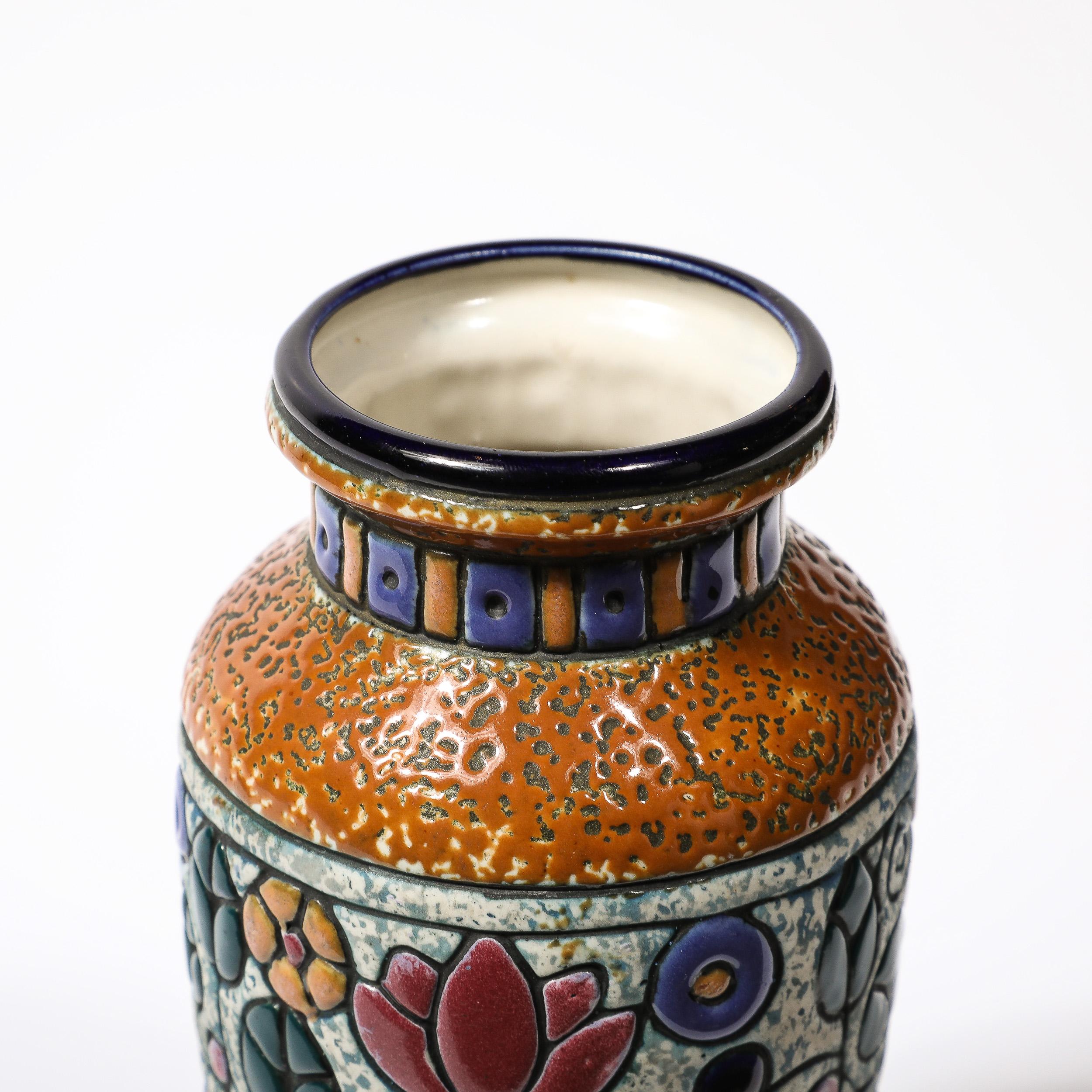 Mid-20th Century Art Deco Ceramic Vase w/ Hummingbird in Multicolor Linear Glazing signed Amphora For Sale