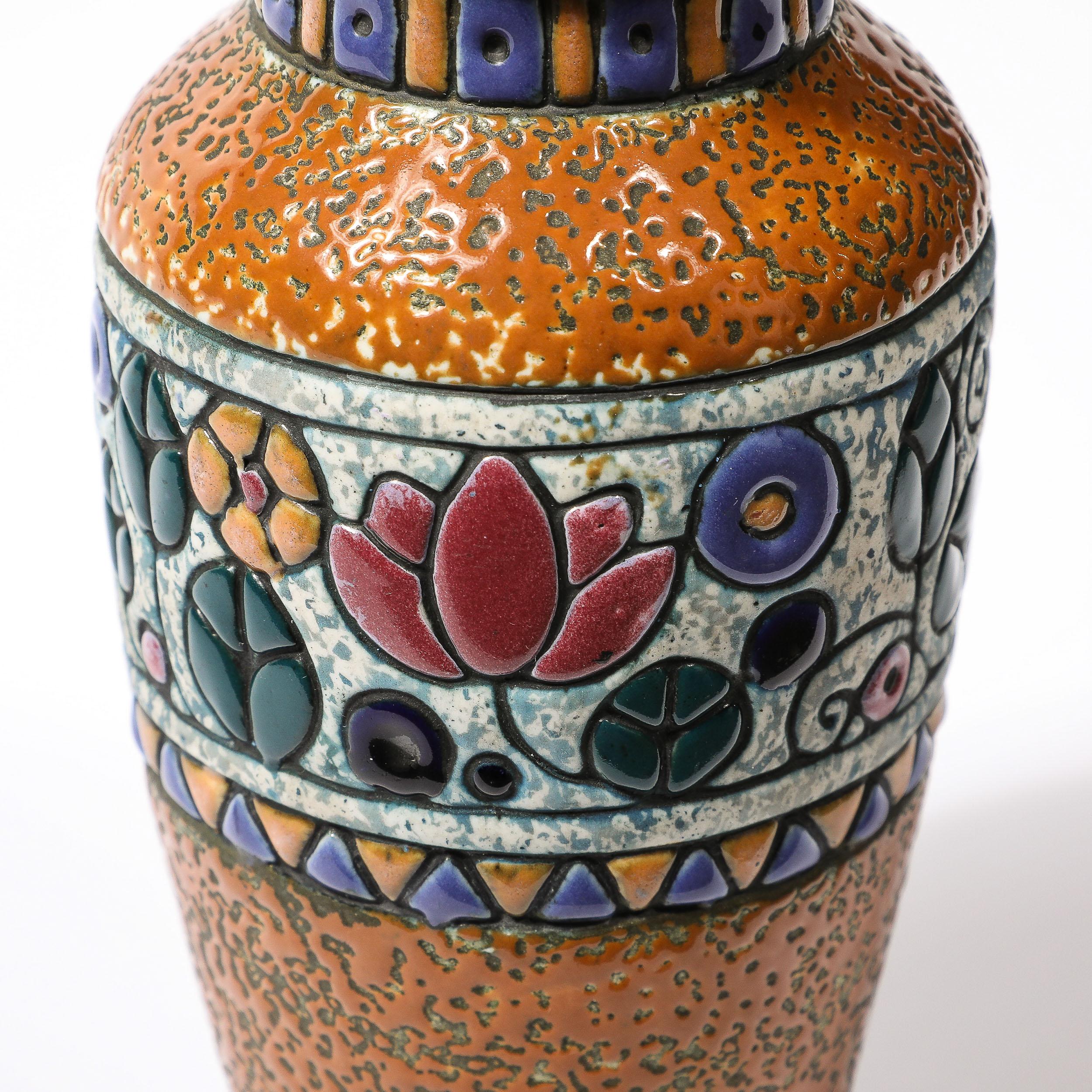 Art Deco Ceramic Vase w/ Hummingbird in Multicolor Linear Glazing signed Amphora For Sale 1