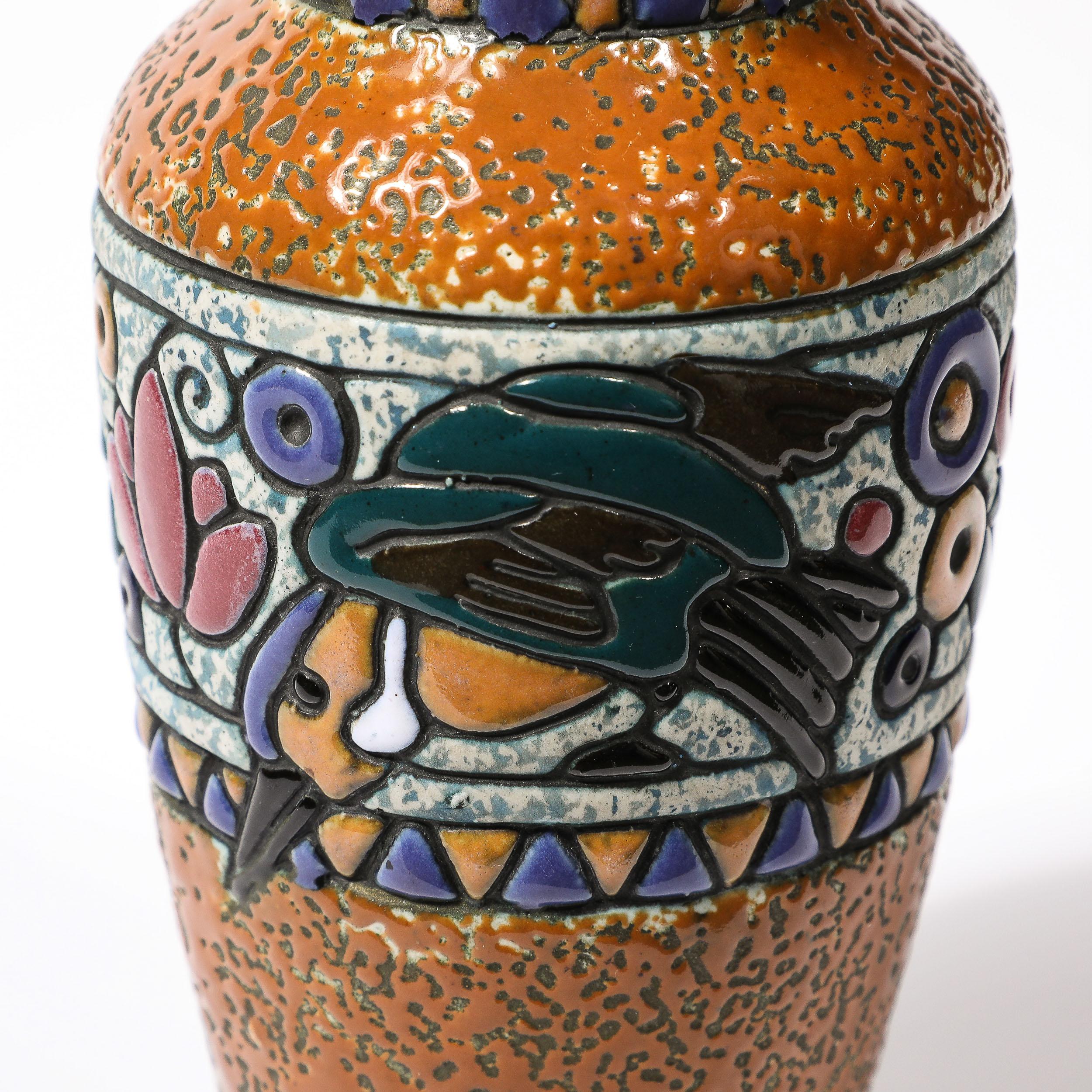 Art Deco Ceramic Vase w/ Hummingbird in Multicolor Linear Glazing signed Amphora For Sale 2