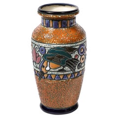 Art Deco Ceramic Vase w/ Hummingbird in Multicolor Linear Glazing signed Amphora