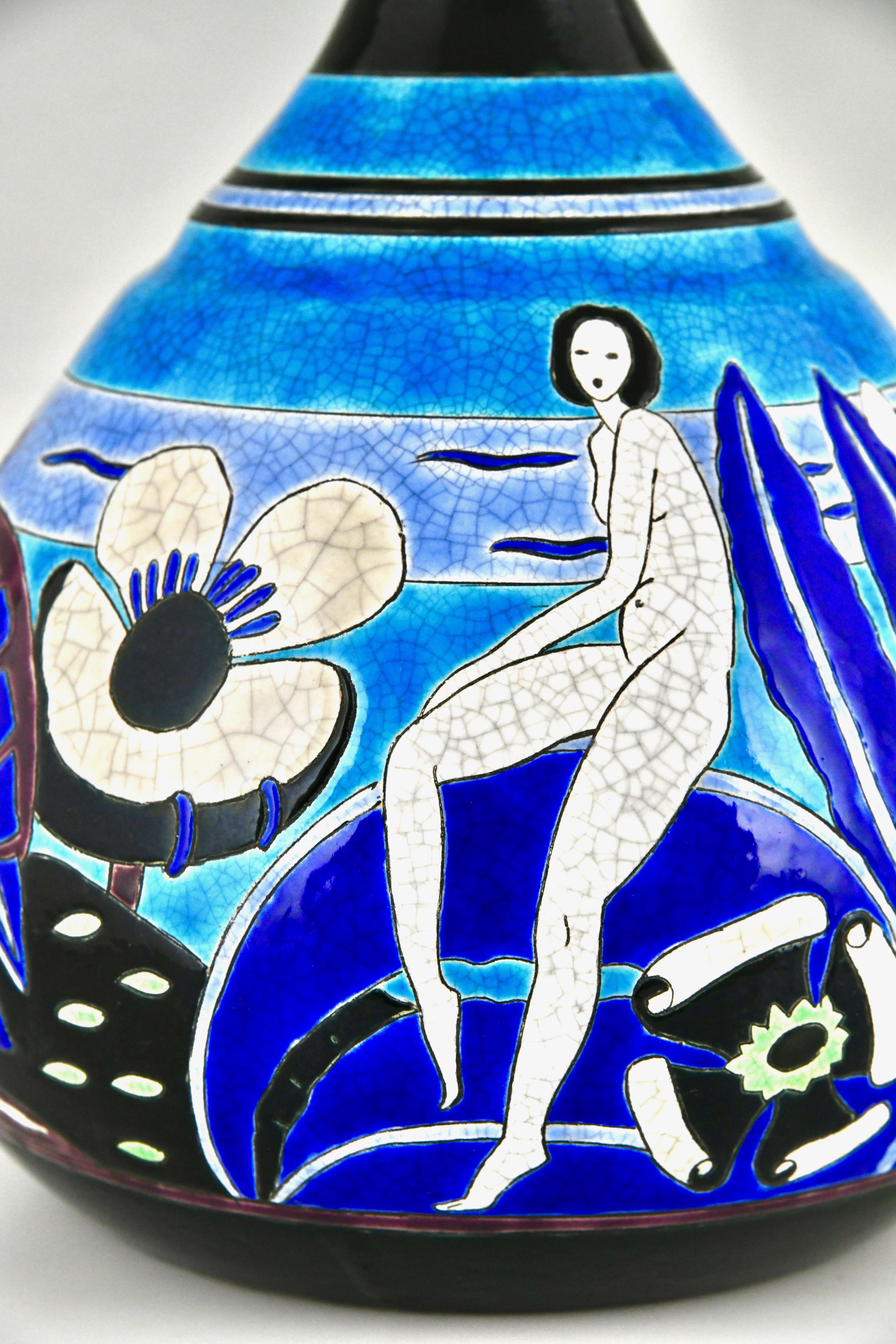 Art Deco ceramic vase with bathing nudes Baigneuses Primavera Longwy 1925 For Sale 4