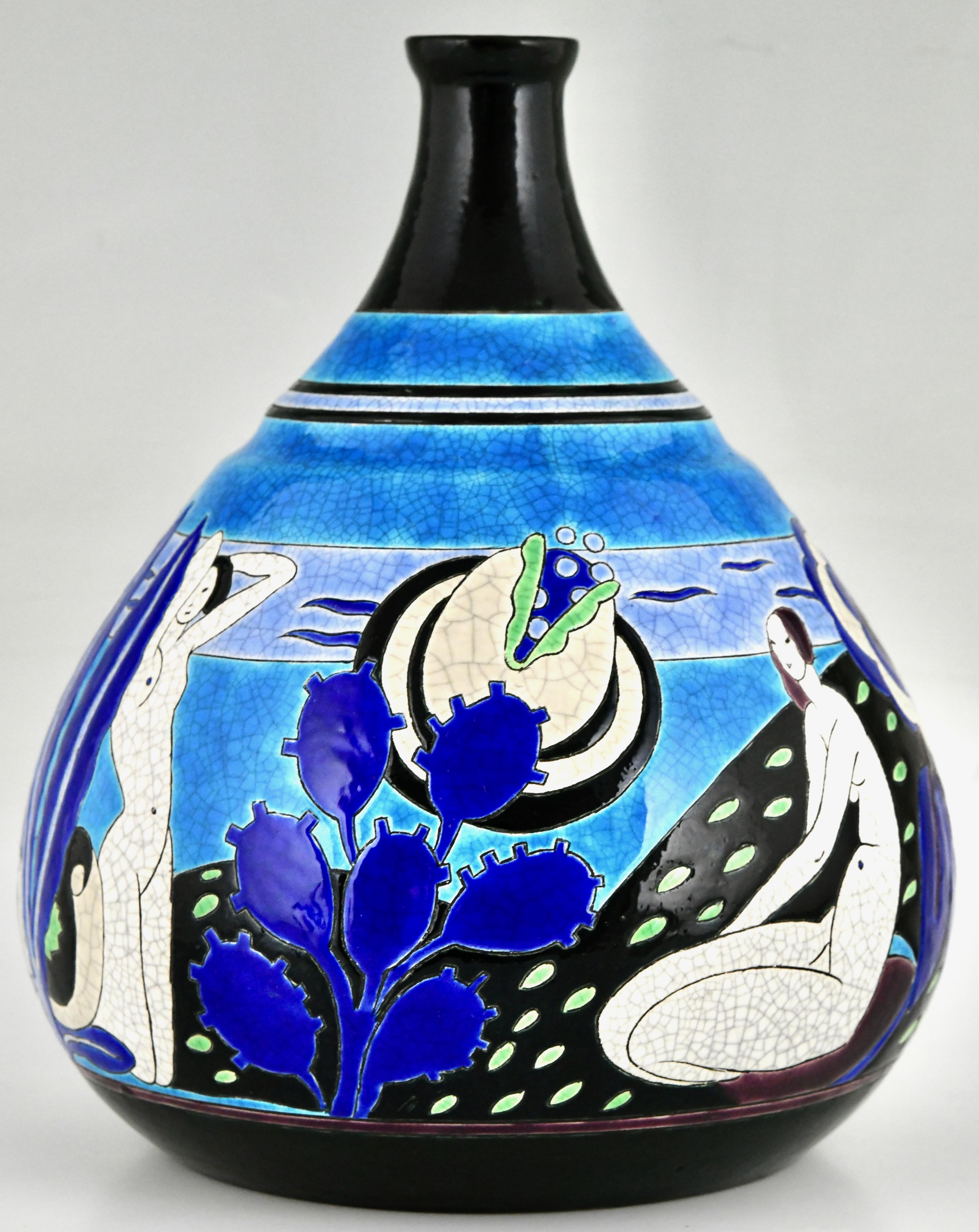 Art Deco ceramic vase with bathing nudes Baigneuses. 
Longwy Primavera Art Deco vase with nudes in a landscape in shades of blue, black, green and white.
Marked Primavera, Longwy, France 1925. 
This French Art Deco vase was made by Longwy for
