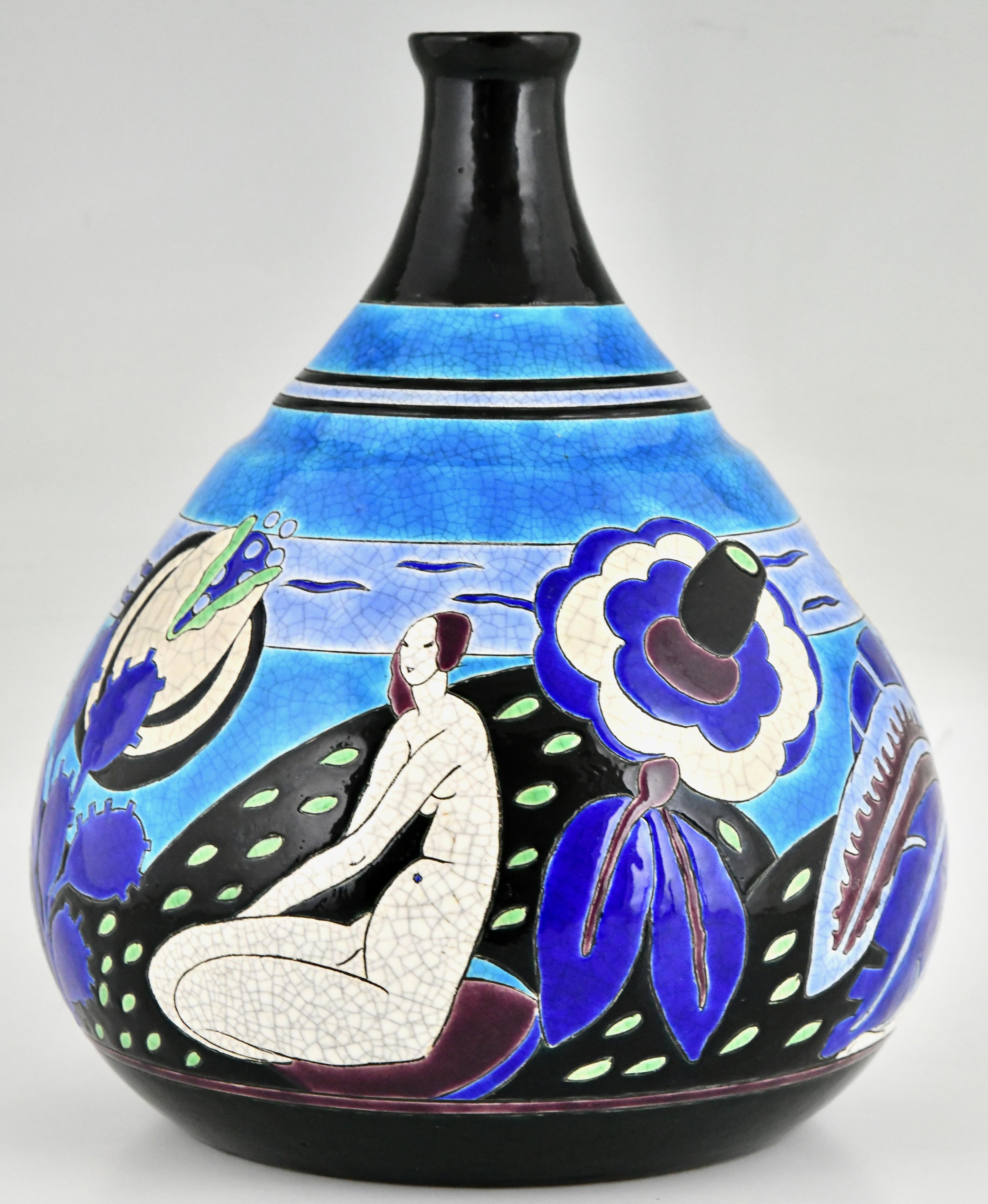 French Art Deco ceramic vase with bathing nudes Baigneuses Primavera Longwy 1925 For Sale
