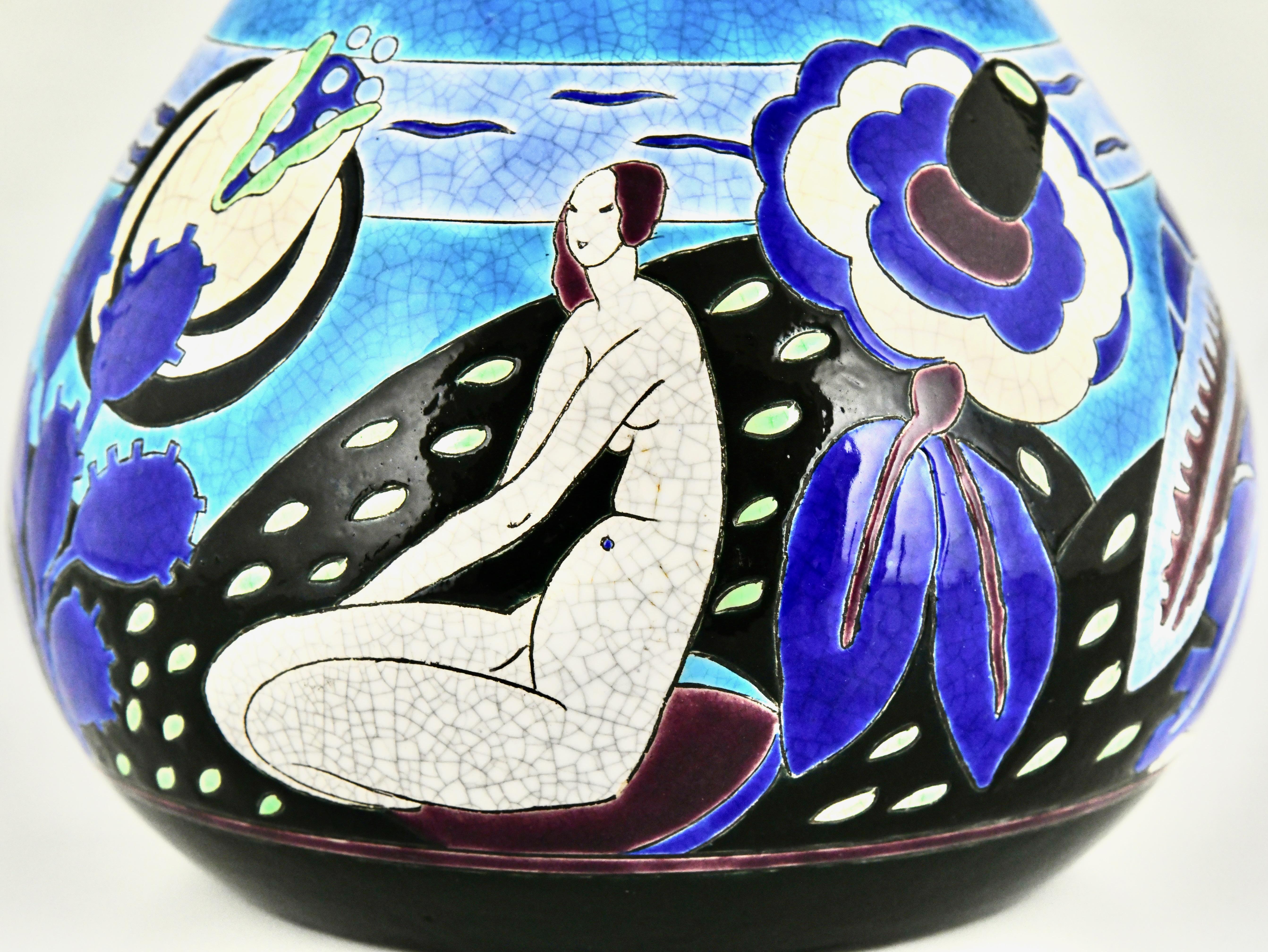Vase Art Déco avec nus de baigneuses Primavera Longwy 1925 en vente 1