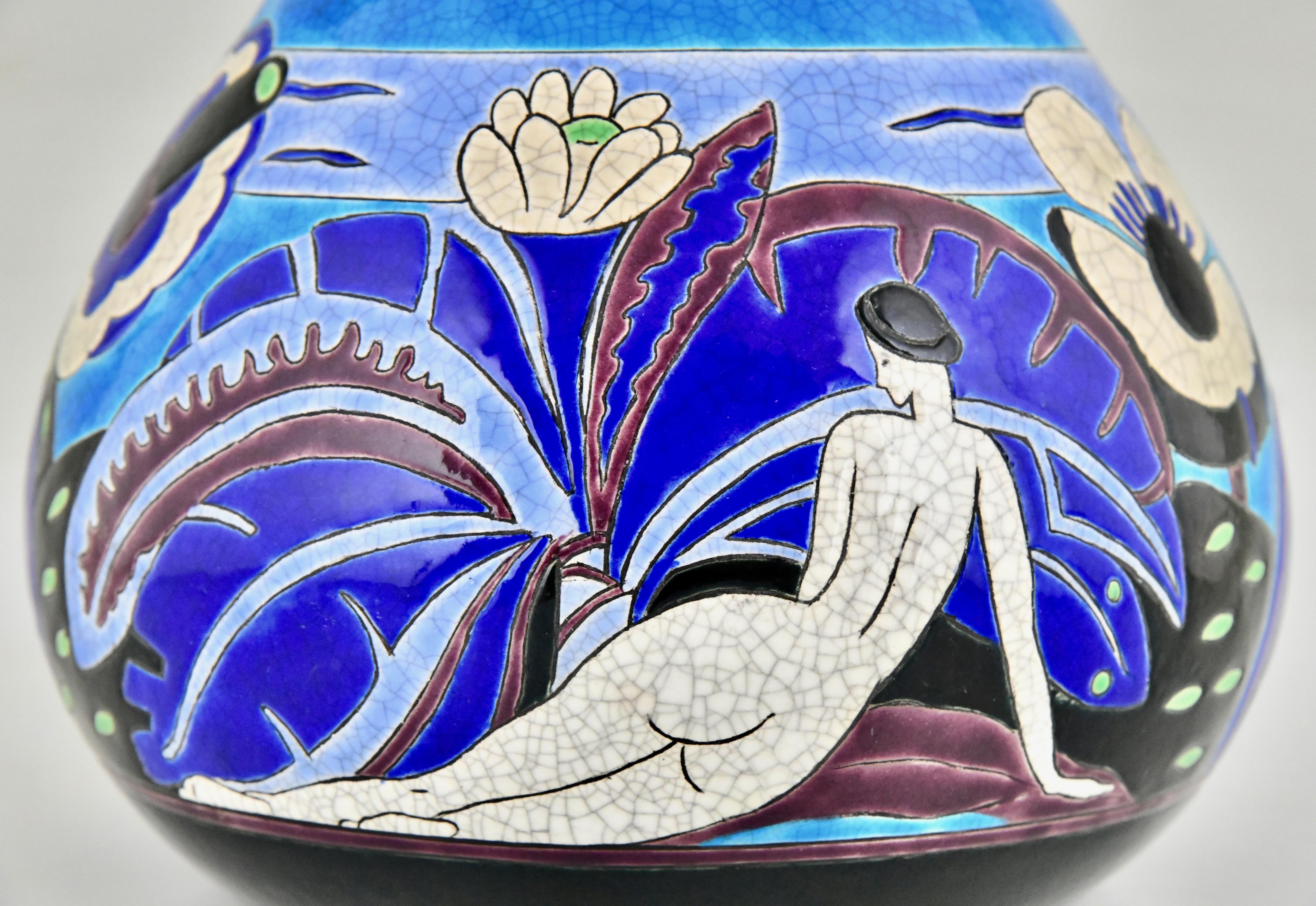 Art Deco ceramic vase with bathing nudes Baigneuses Primavera Longwy 1925 For Sale 2
