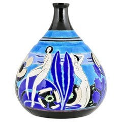 Art Deco ceramic vase with bathing nudes Baigneuses Primavera Longwy 1925