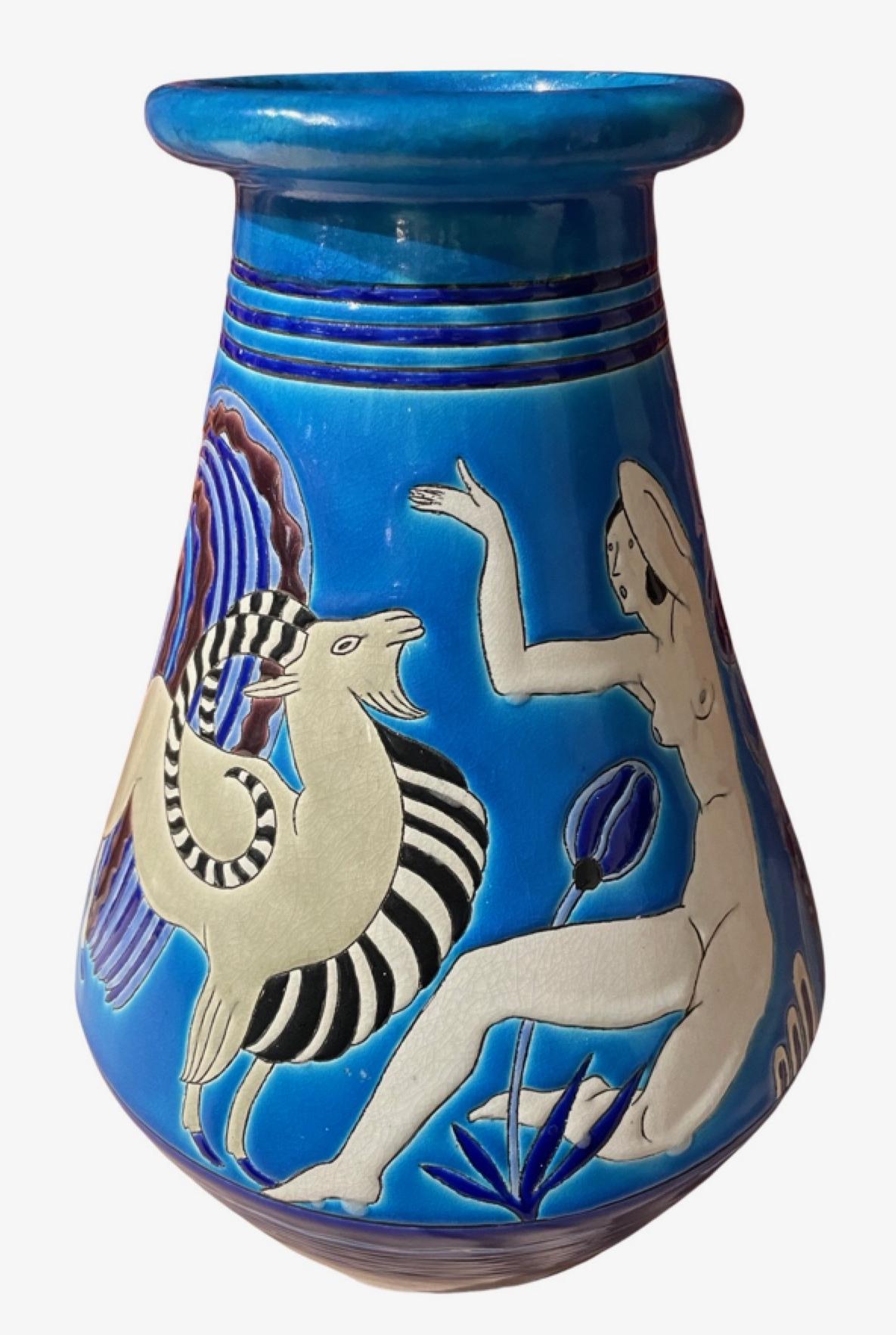 French Art Deco Ceramic Vase with Bathing Nudes by Primavera  Longwy 1925 France