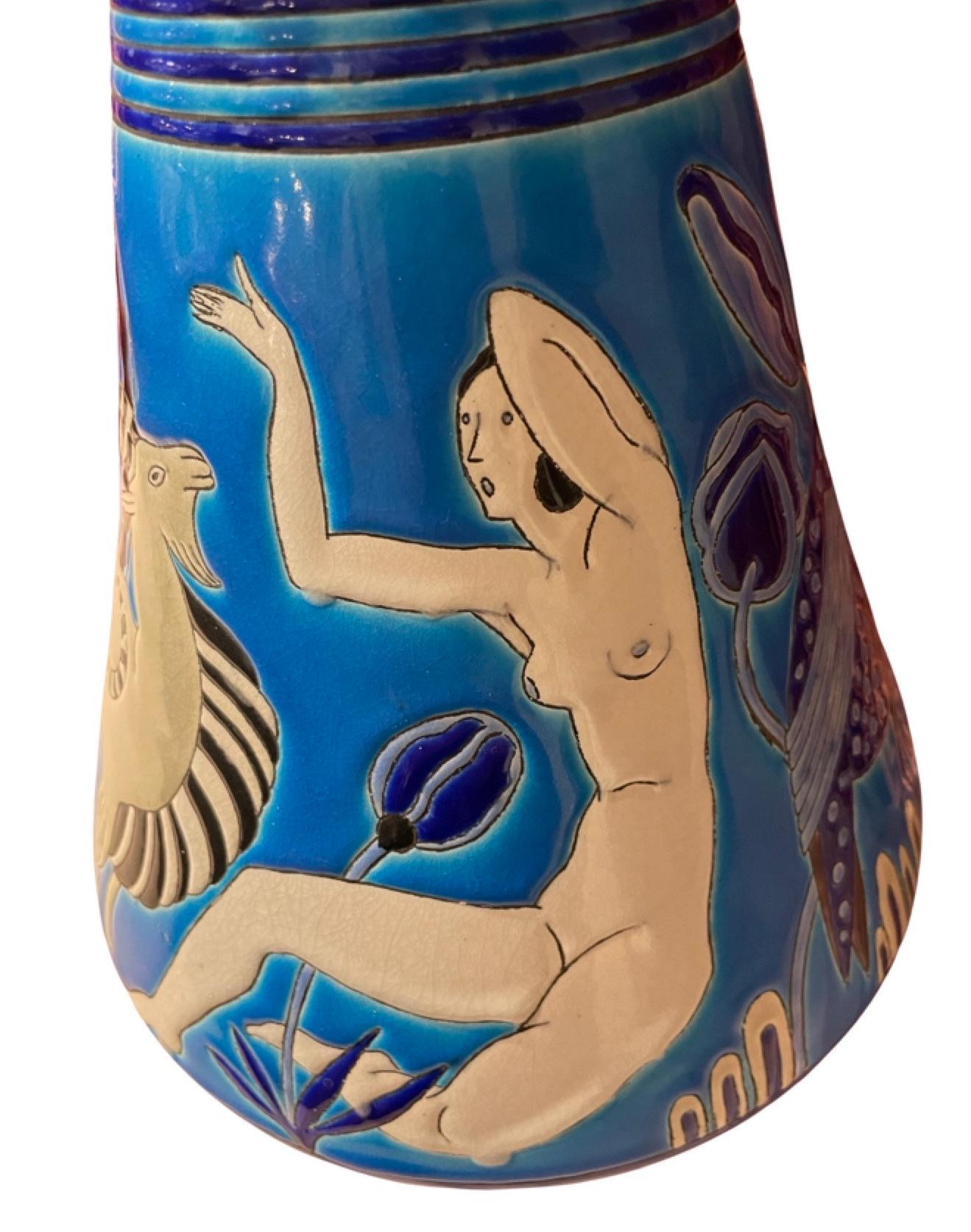 Cloissoné Art Deco Ceramic Vase with Bathing Nudes by Primavera  Longwy 1925 France