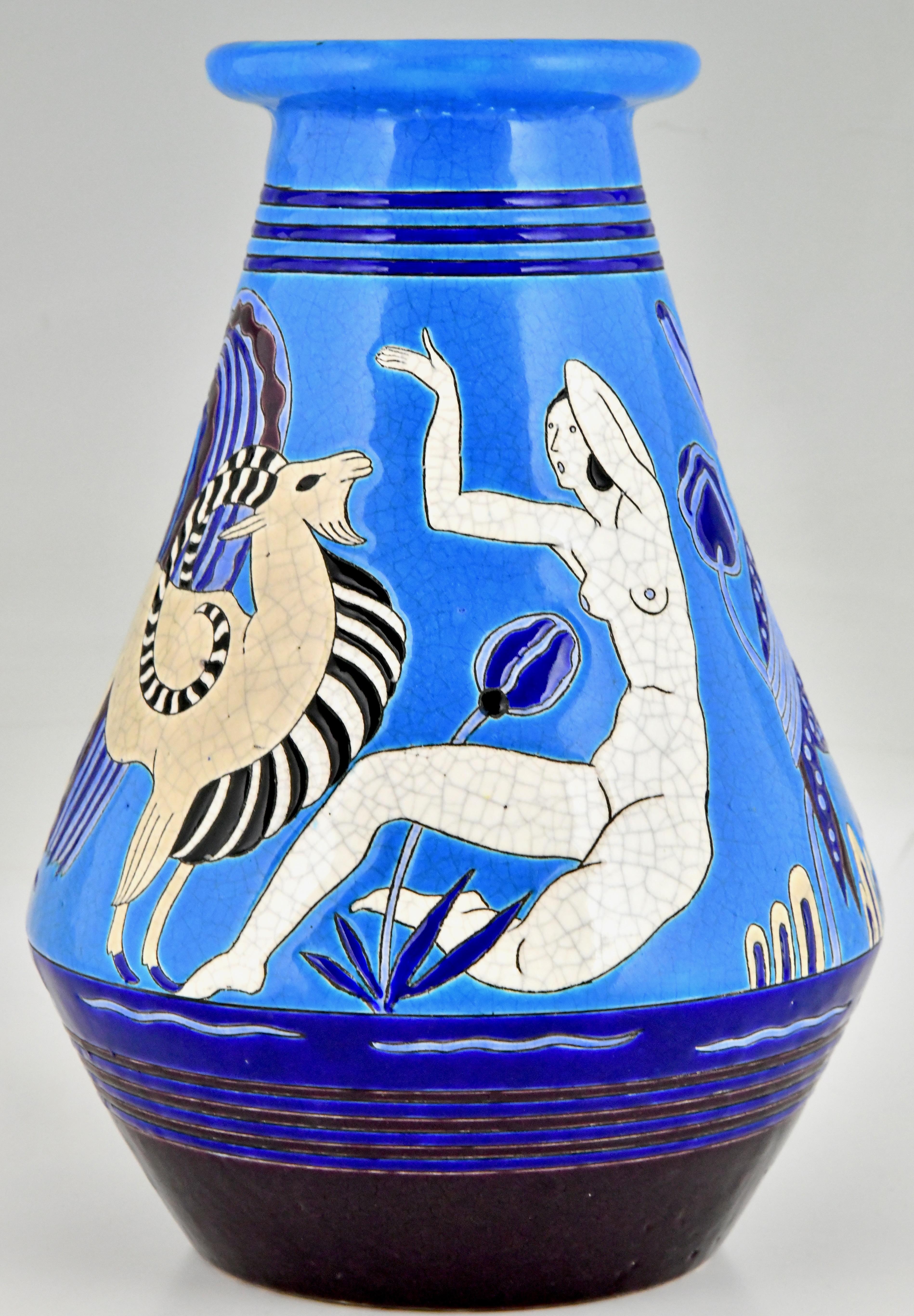 Art Deco Ceramic Vase with Bathing Nudes by Primavera  Longwy 1925  France In Good Condition For Sale In Antwerp, BE