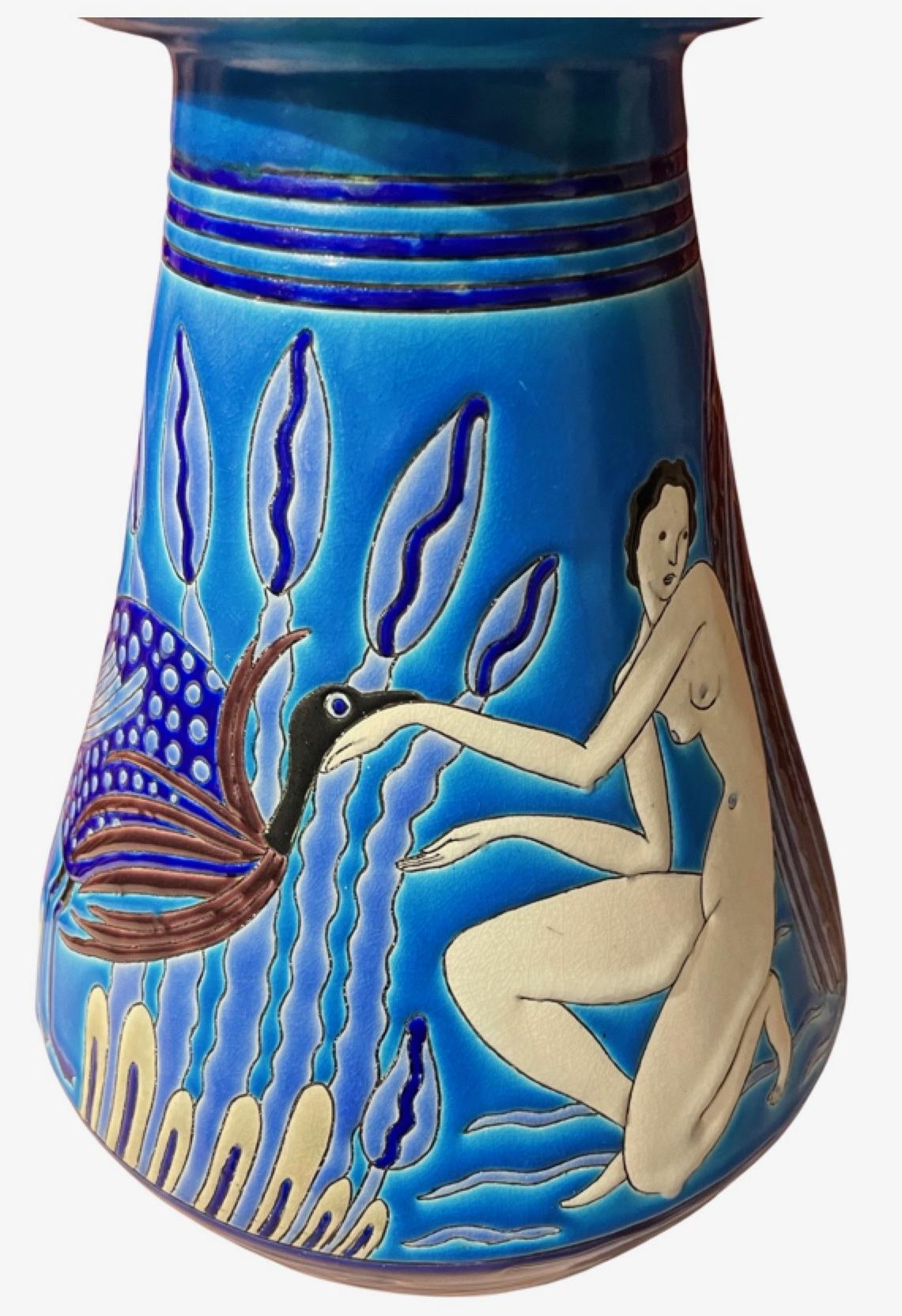 Art Deco Ceramic Vase with Bathing Nudes by Primavera  Longwy 1925 France In Good Condition In Oakland, CA