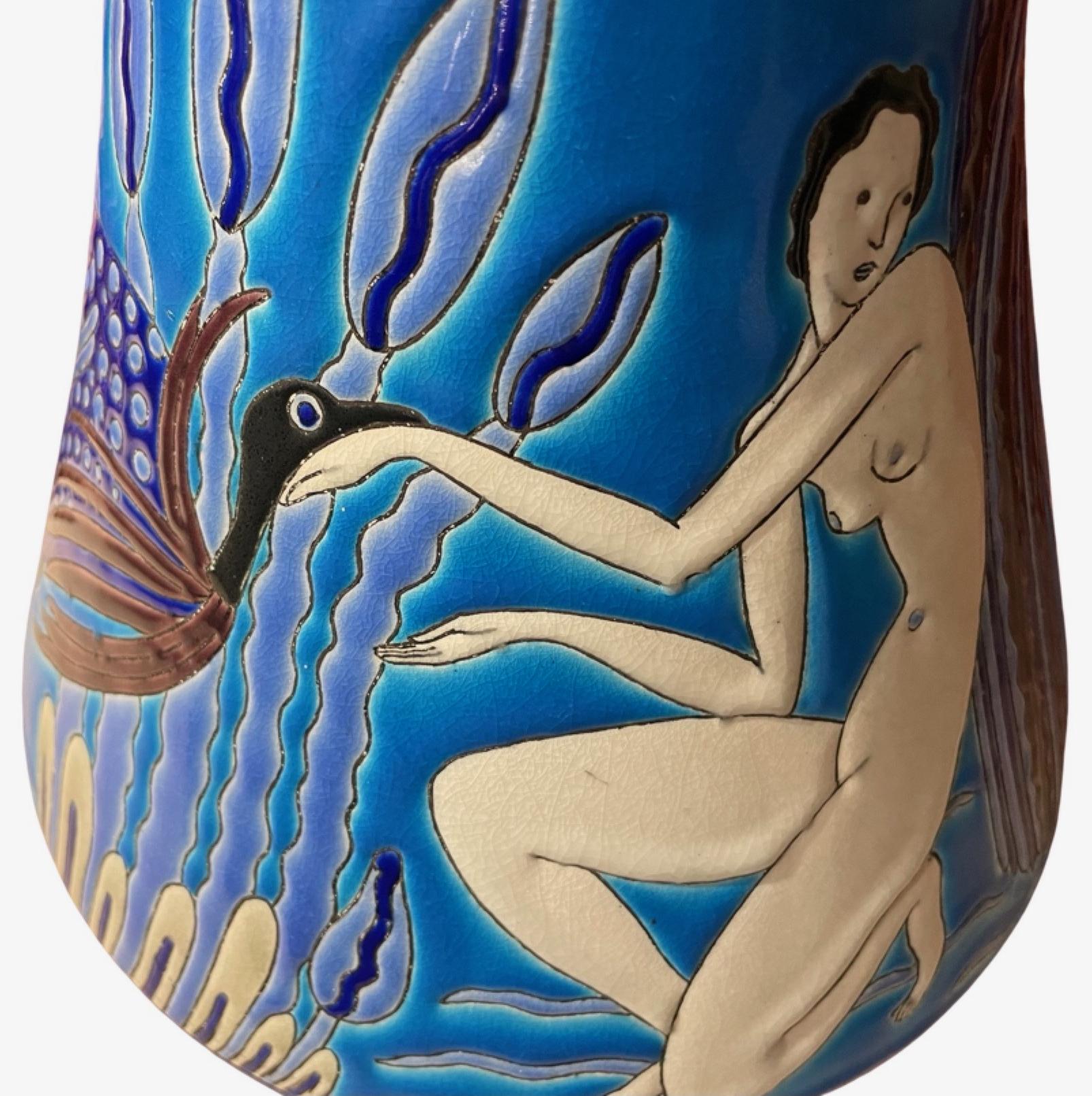 Early 20th Century Art Deco Ceramic Vase with Bathing Nudes by Primavera  Longwy 1925 France