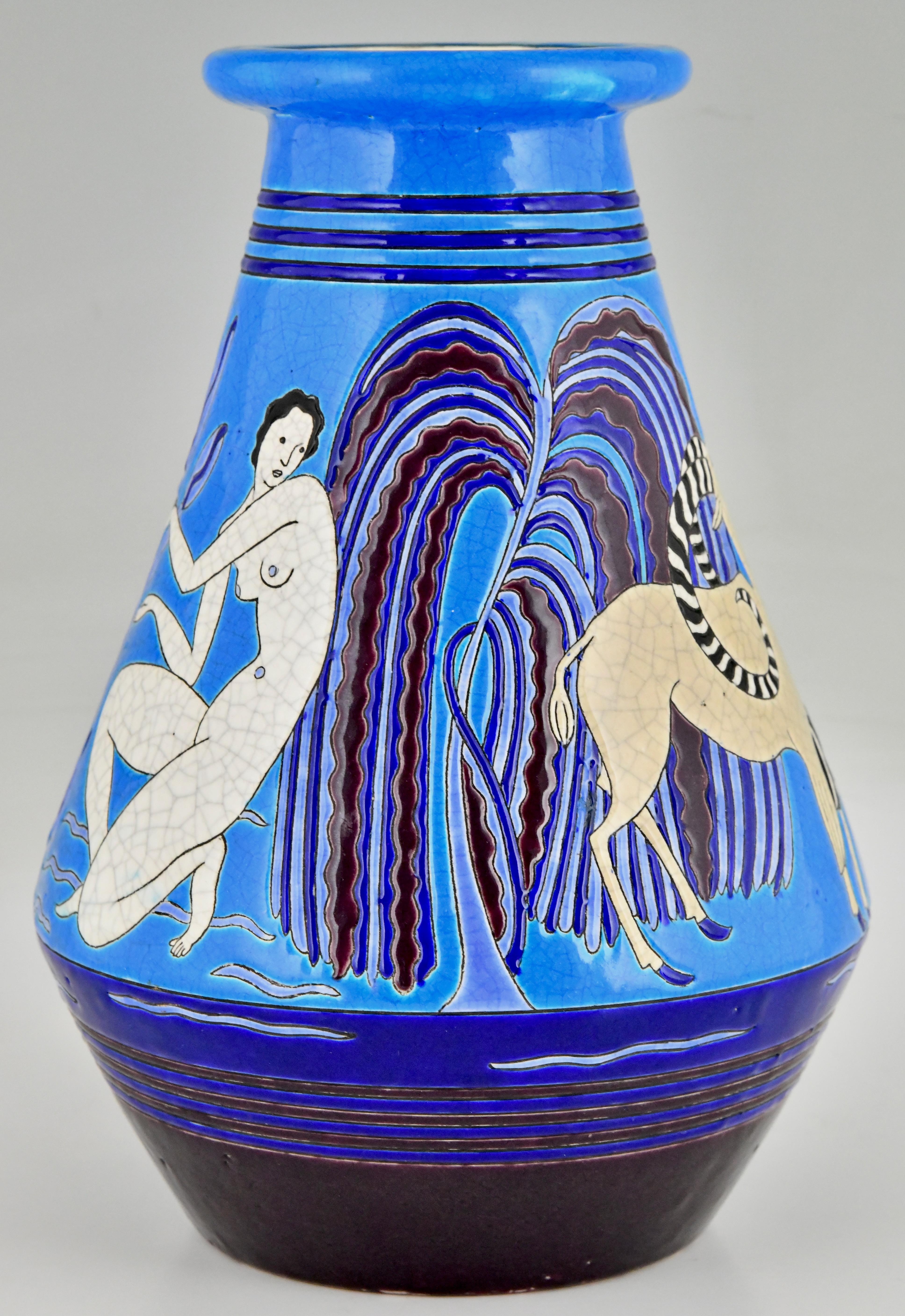 Art Deco Ceramic Vase with Bathing Nudes by Primavera  Longwy 1925  France For Sale 1