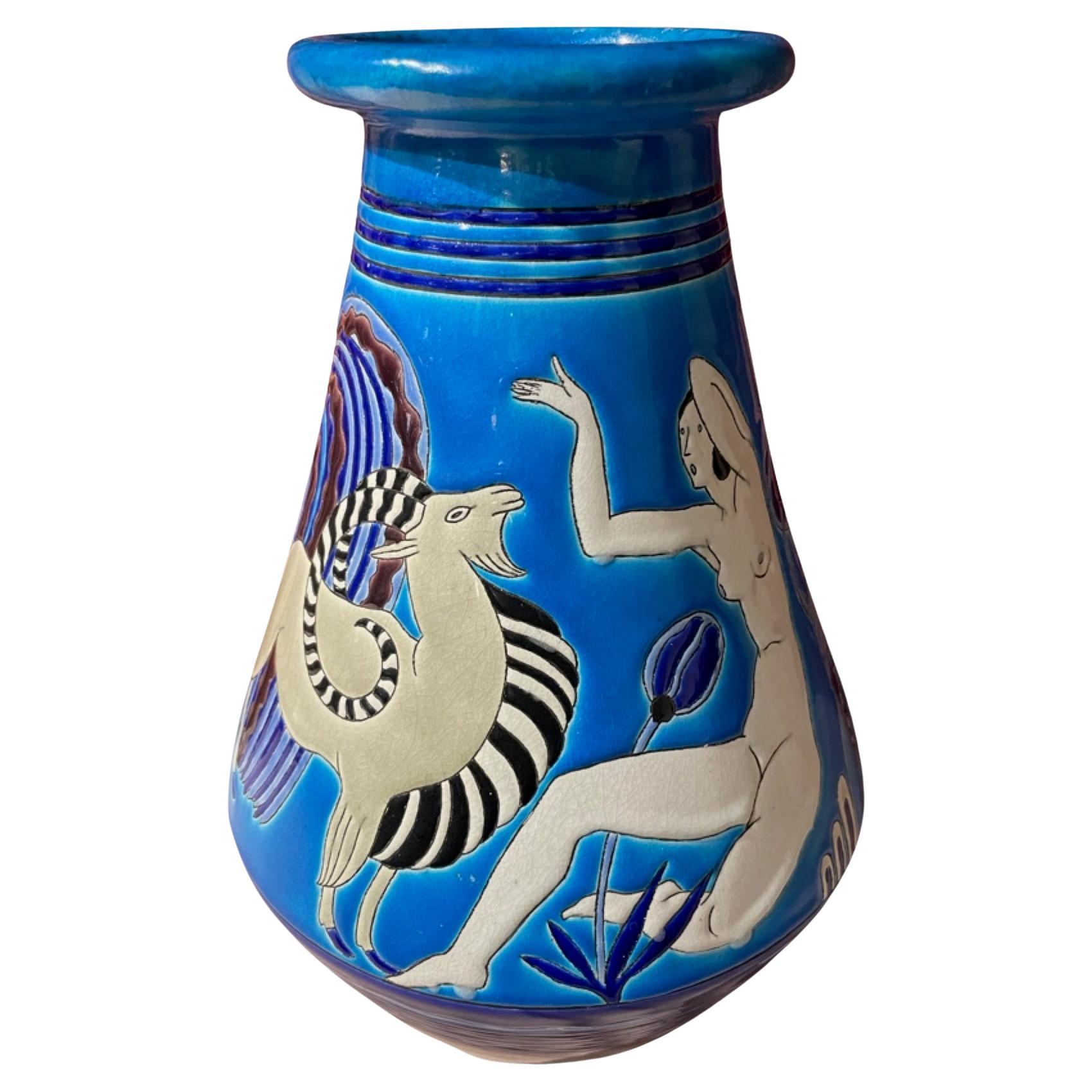 Art Deco Ceramic Vase with Bathing Nudes by Primavera  Longwy 1925 France