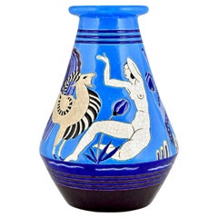 Vase en céramique Art déco avec nus se baignant par Primavera u2028Longwy 1925  France