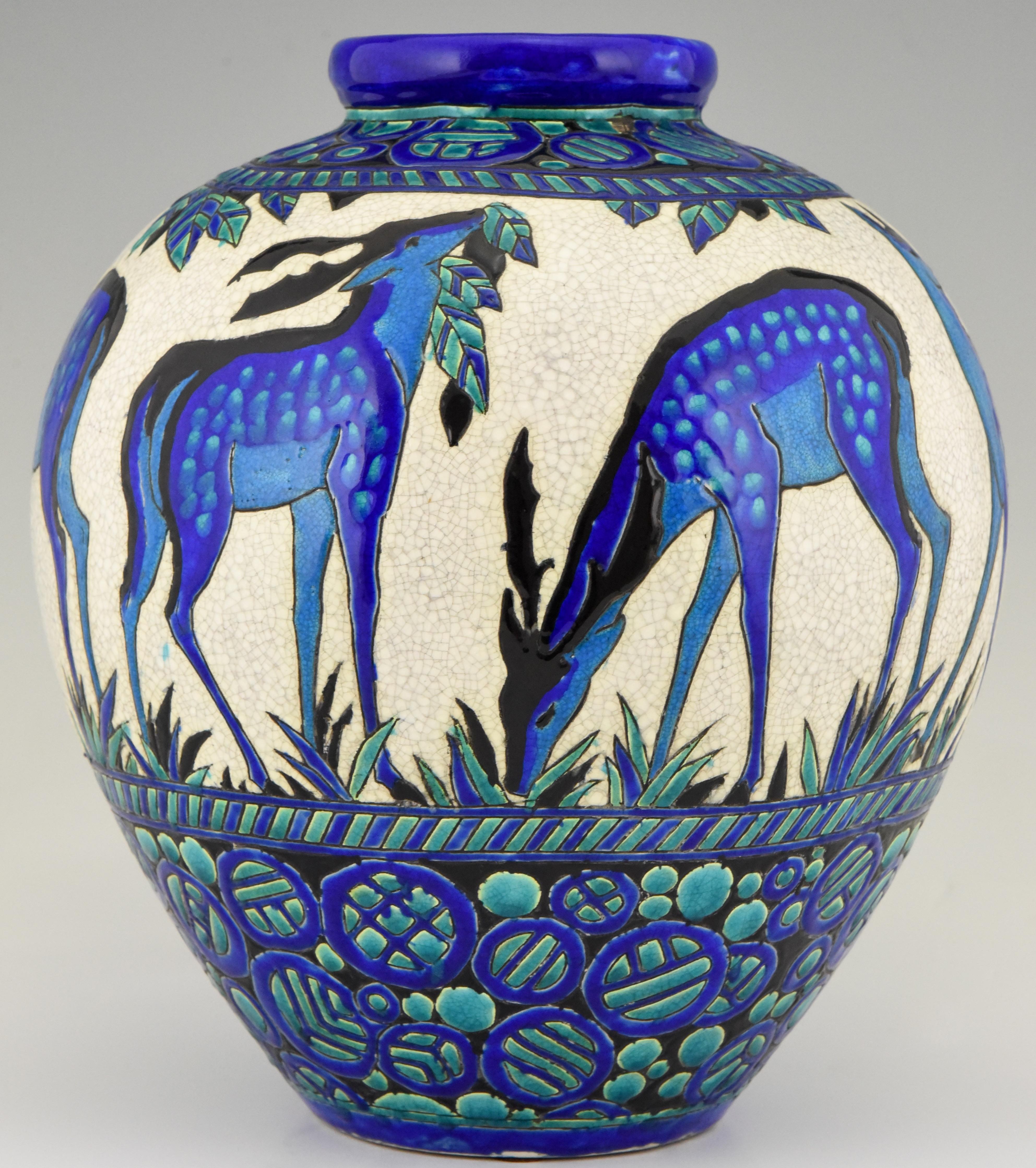 Belgian Art Deco Ceramic Vase with Deer Biches Bleues Charles Catteau Boch Freres