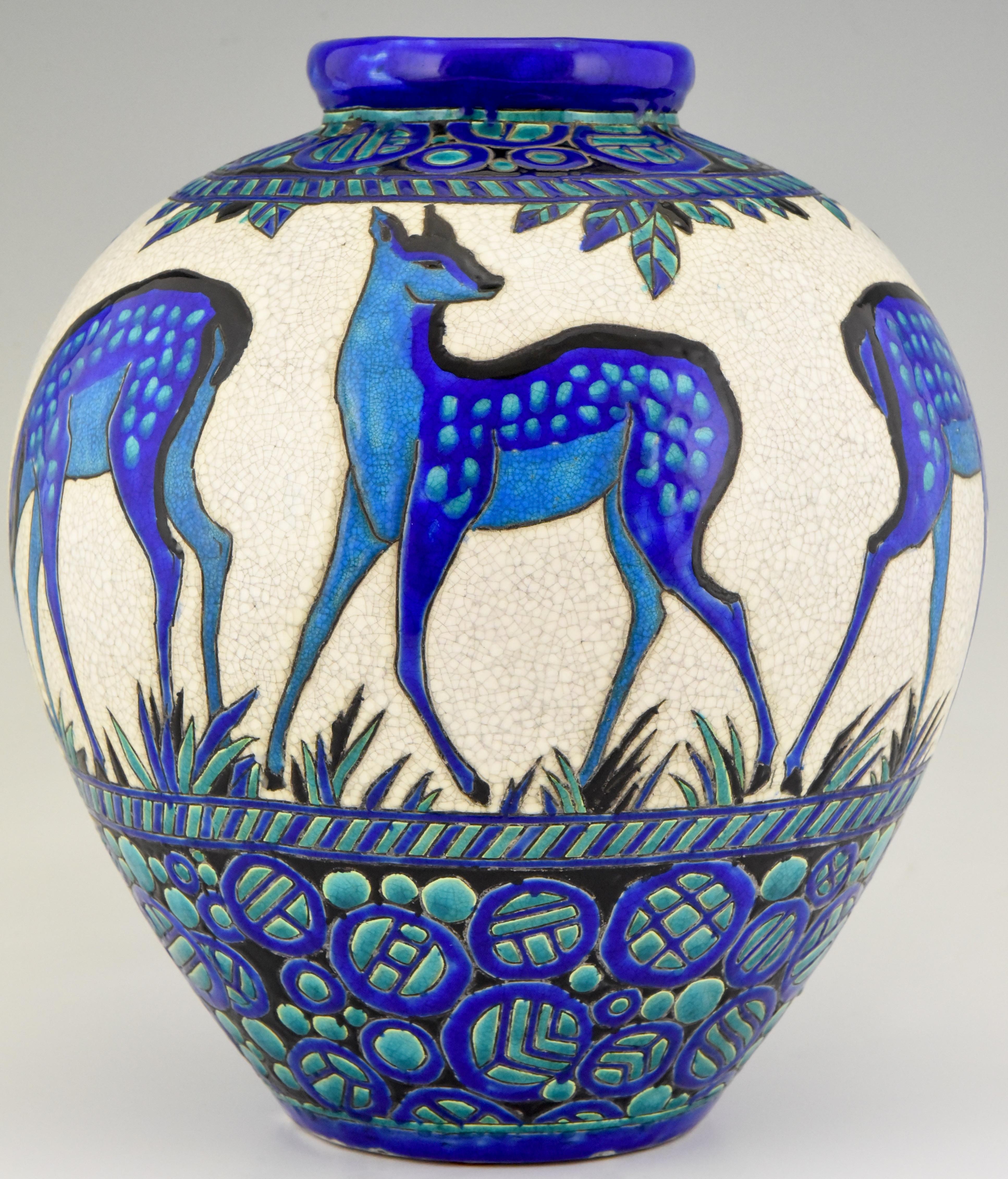 Art Deco Ceramic Vase with Deer Biches Bleues Charles Catteau Boch Freres In Good Condition In Antwerp, BE