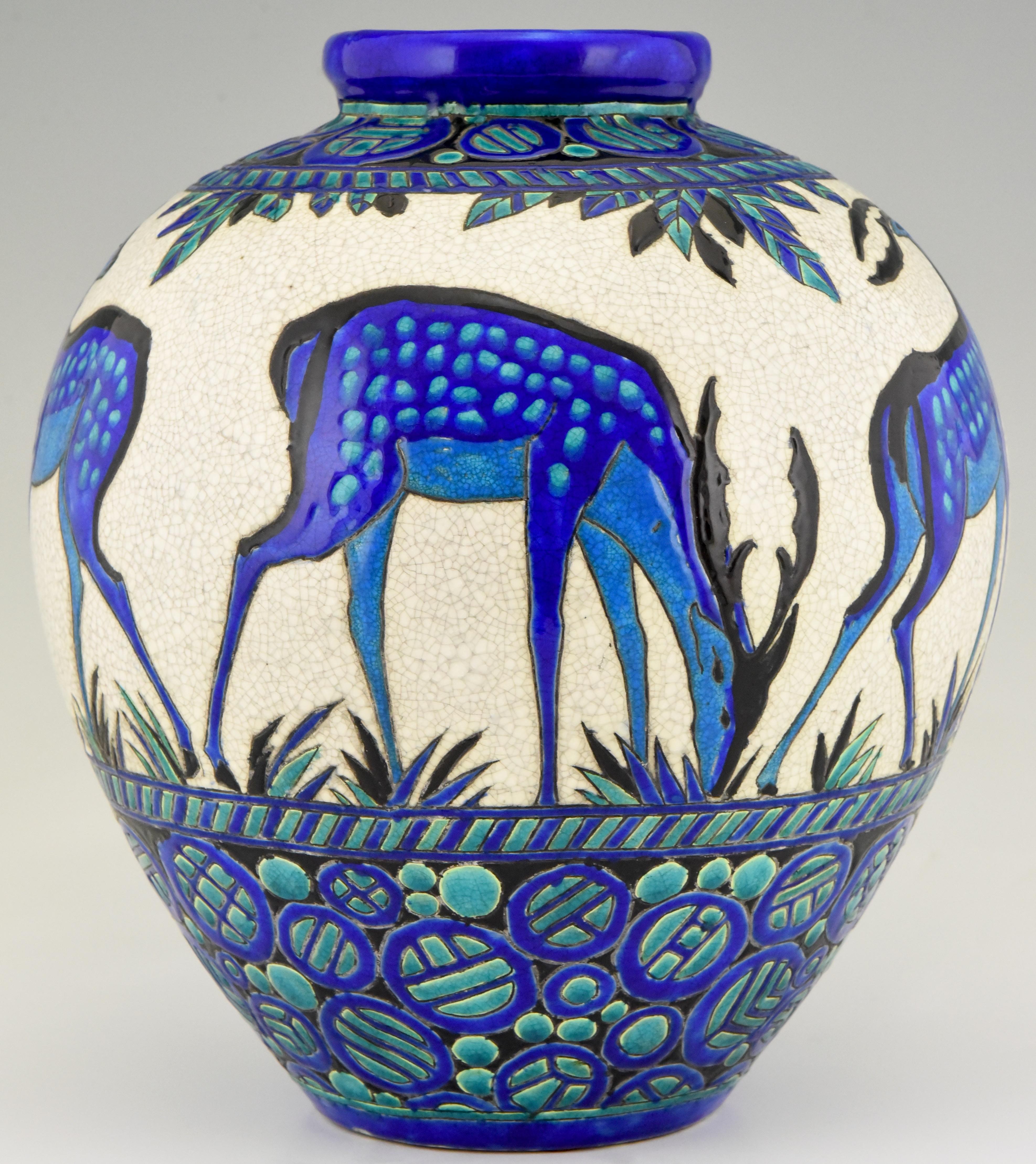 Early 20th Century Art Deco Ceramic Vase with Deer Biches Bleues Charles Catteau Boch Freres