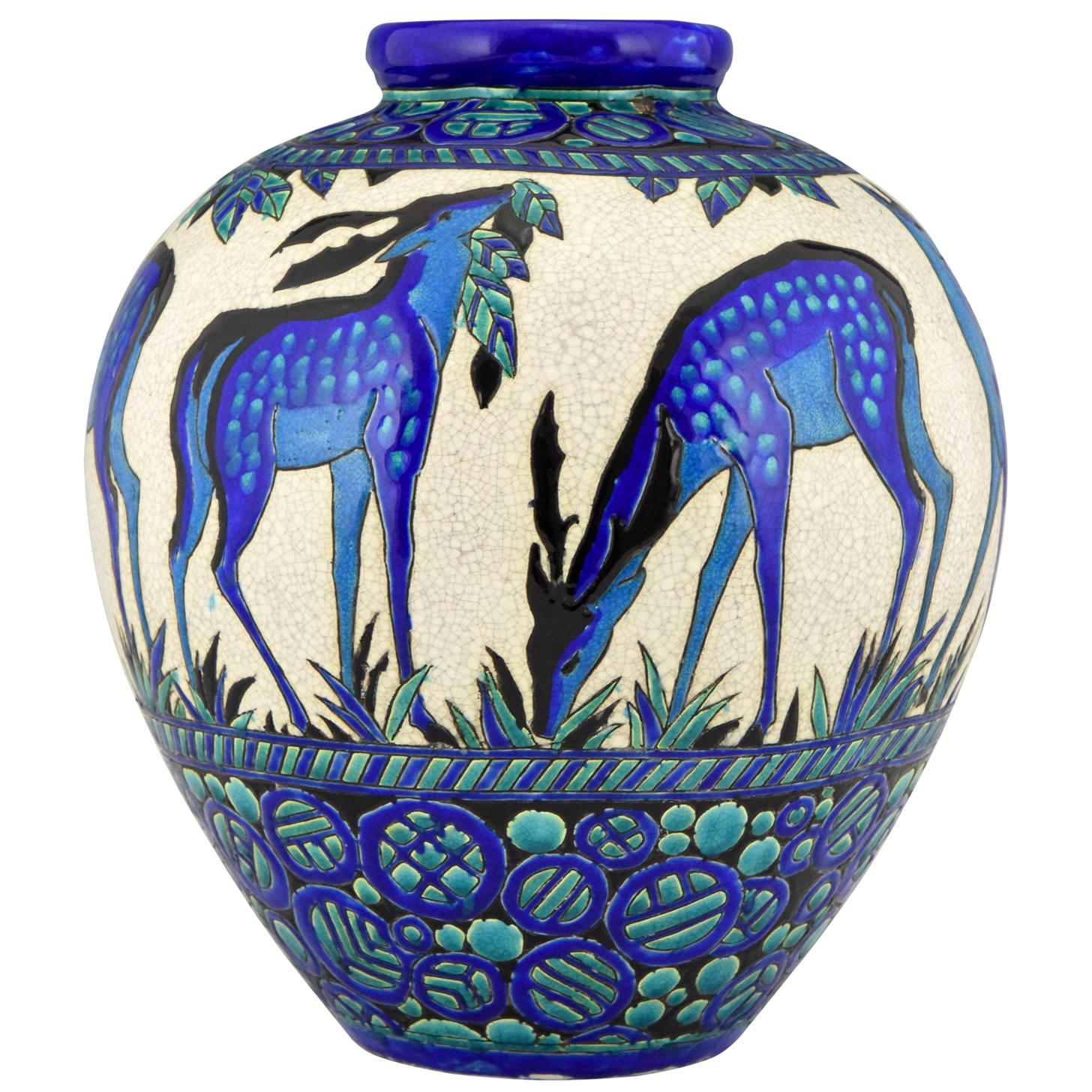 Art Deco Ceramic Vase with Deer Biches Bleues Charles Catteau Boch Freres