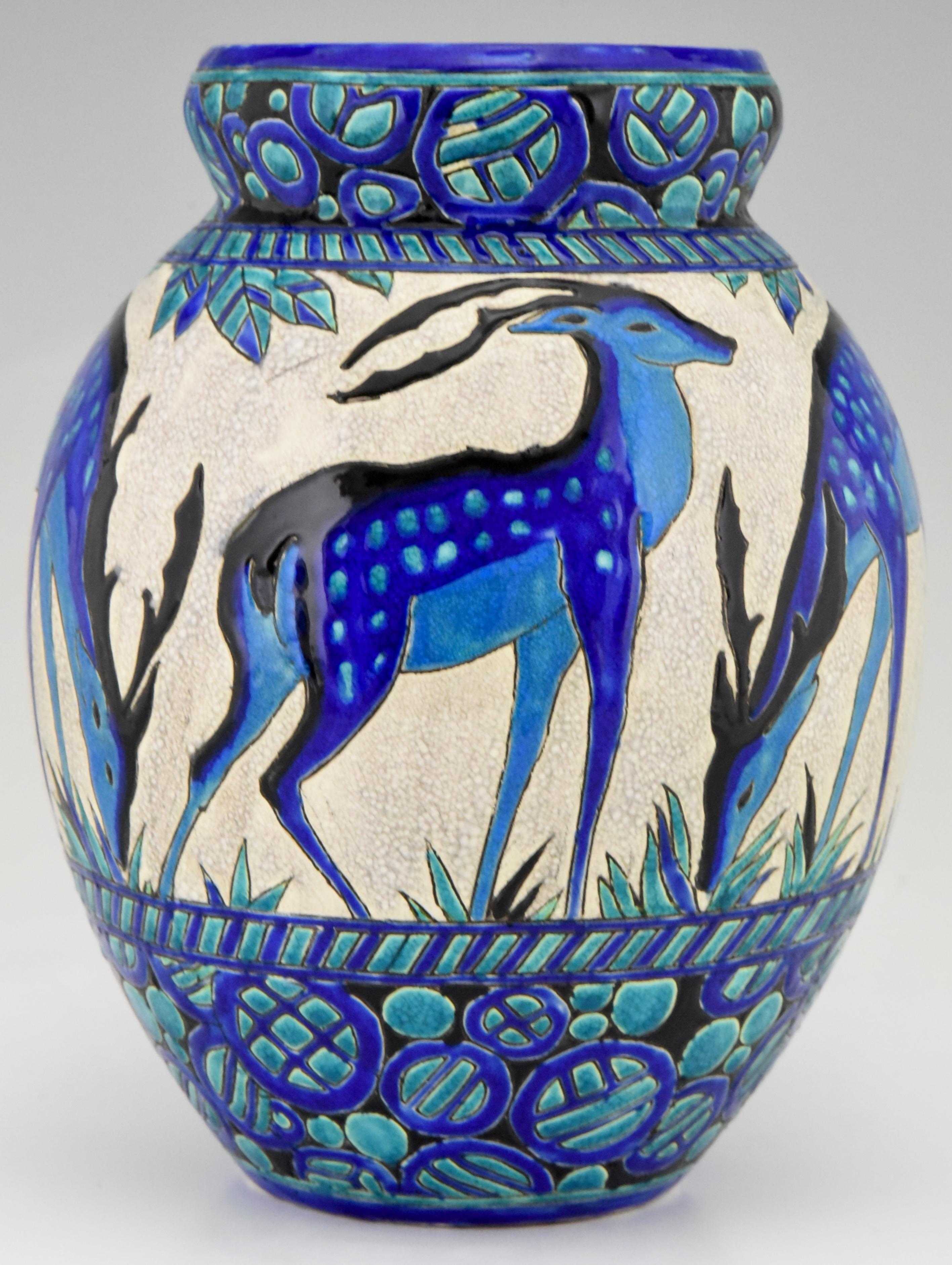Belgian Art Deco Ceramic Vase with Deer Biches Bleues Charles Catteau Boch Frères Tall
