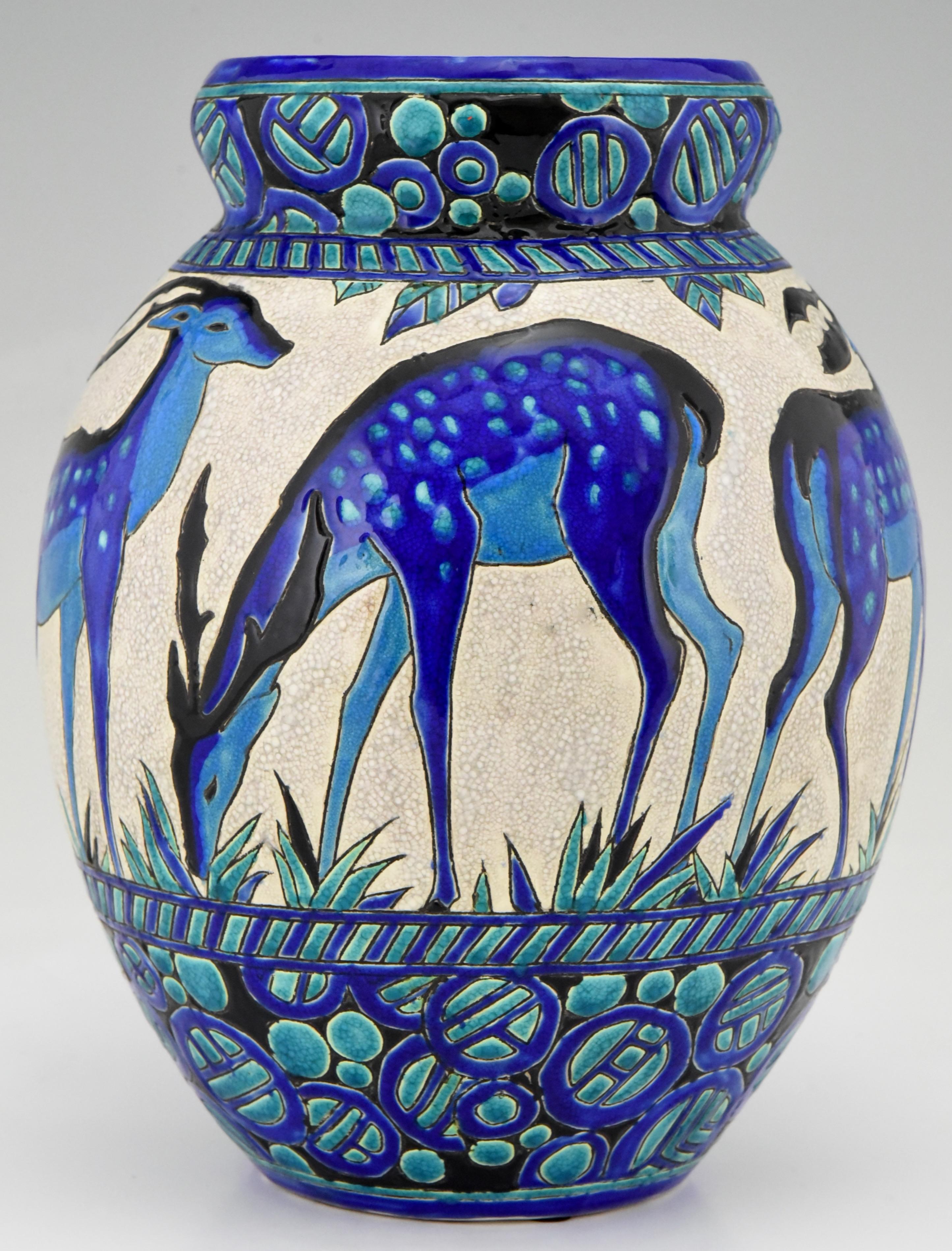 Art Deco Ceramic Vase with Deer Biches Bleues Charles Catteau Boch Frères Tall In Good Condition In Antwerp, BE