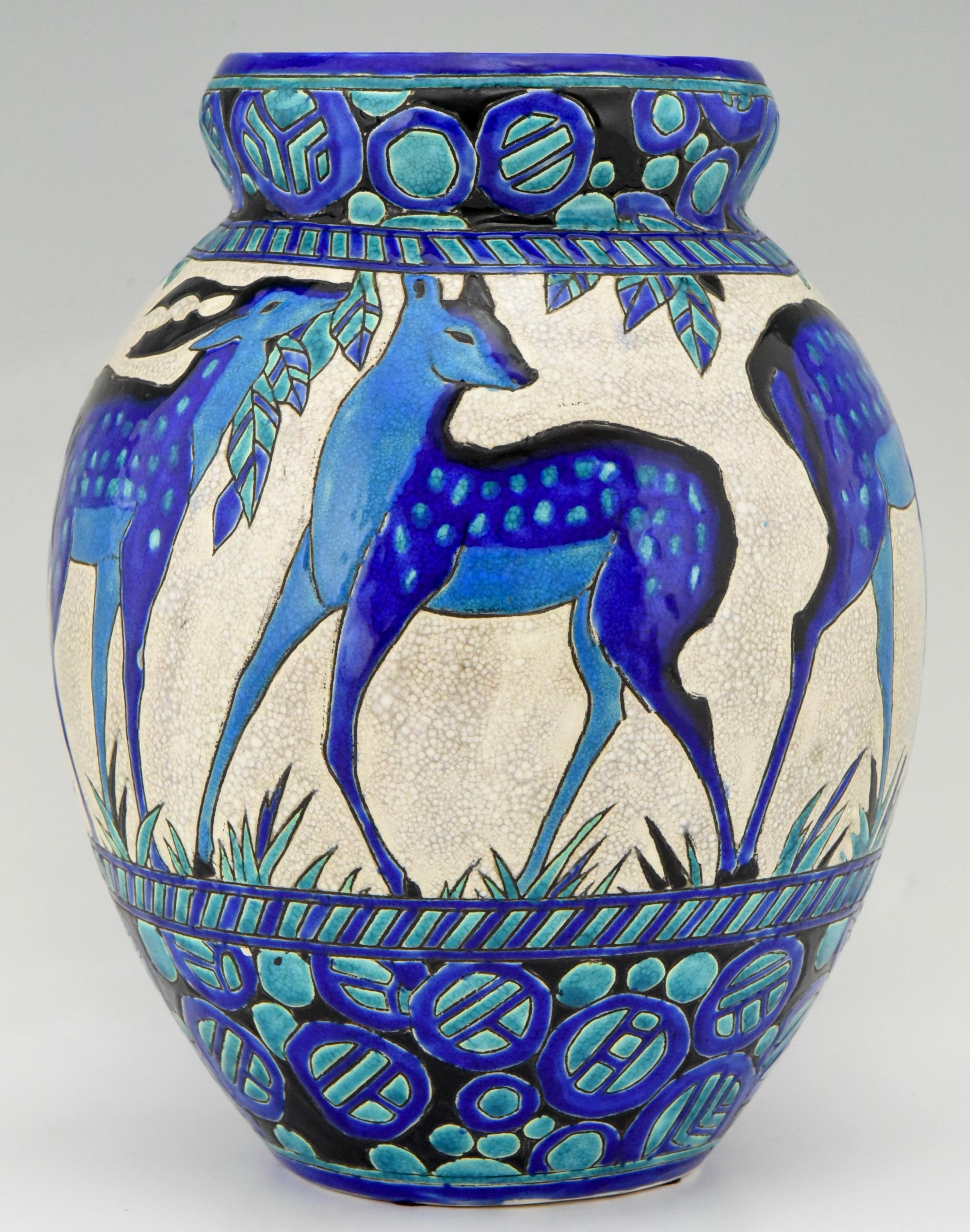 Early 20th Century Art Deco Ceramic Vase with Deer Biches Bleues Charles Catteau Boch Frères Tall