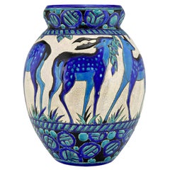 Art Deco Ceramic Vase with Deer Biches Bleues Charles Catteau Boch Frères Tall