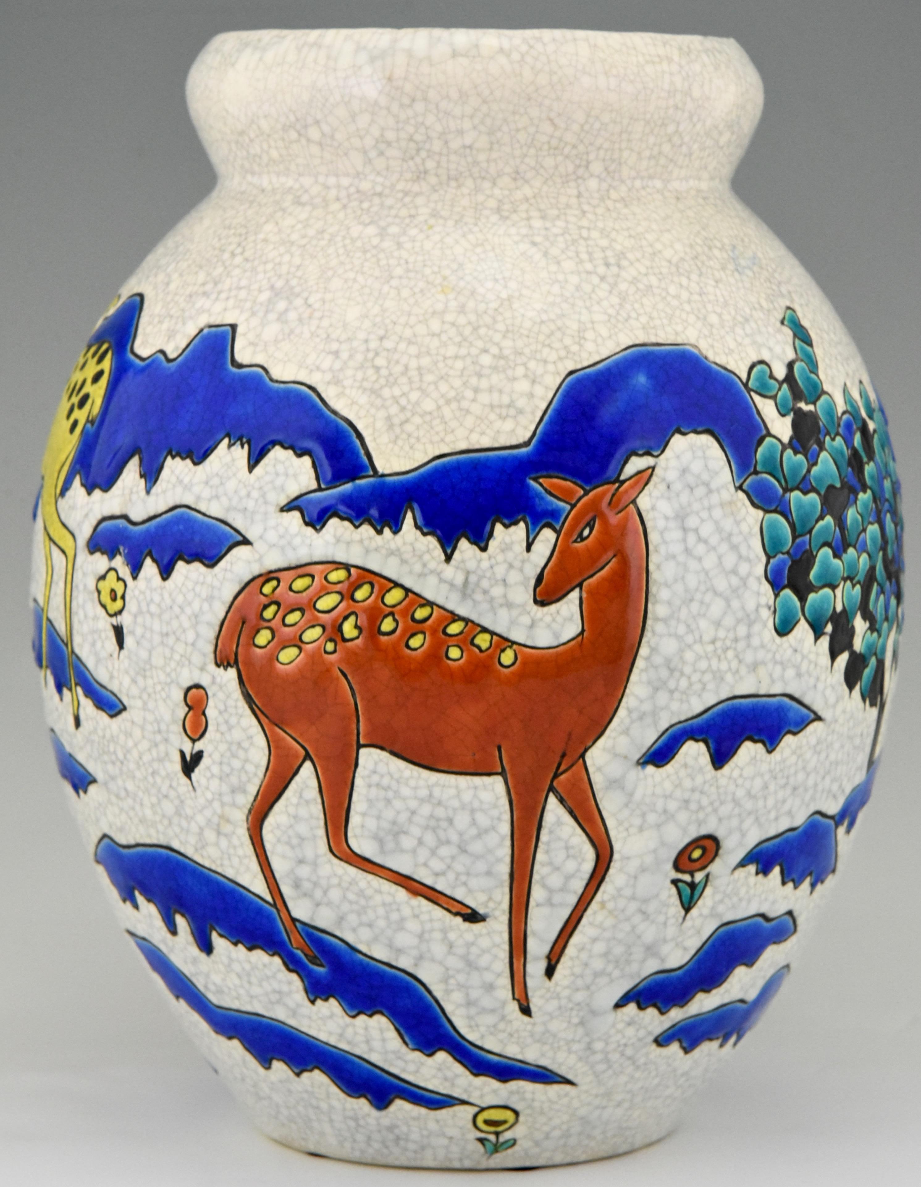Belgian Art Deco Ceramic Vase with Deer Doe in Landscape Thérèse Hummel Boch Freres 1923