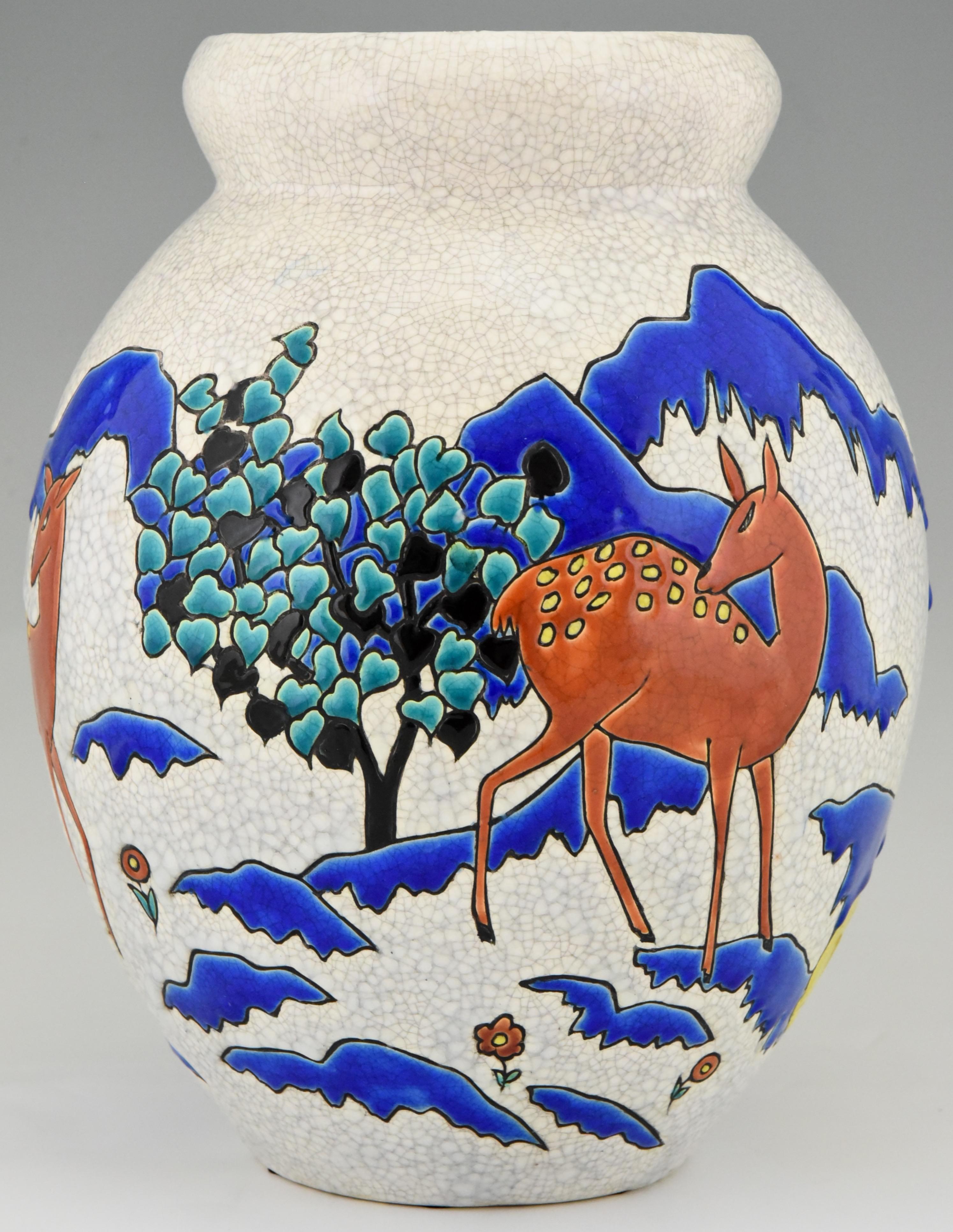 Art Deco Ceramic Vase with Deer Doe in Landscape Thérèse Hummel Boch Freres 1923 In Good Condition In Antwerp, BE